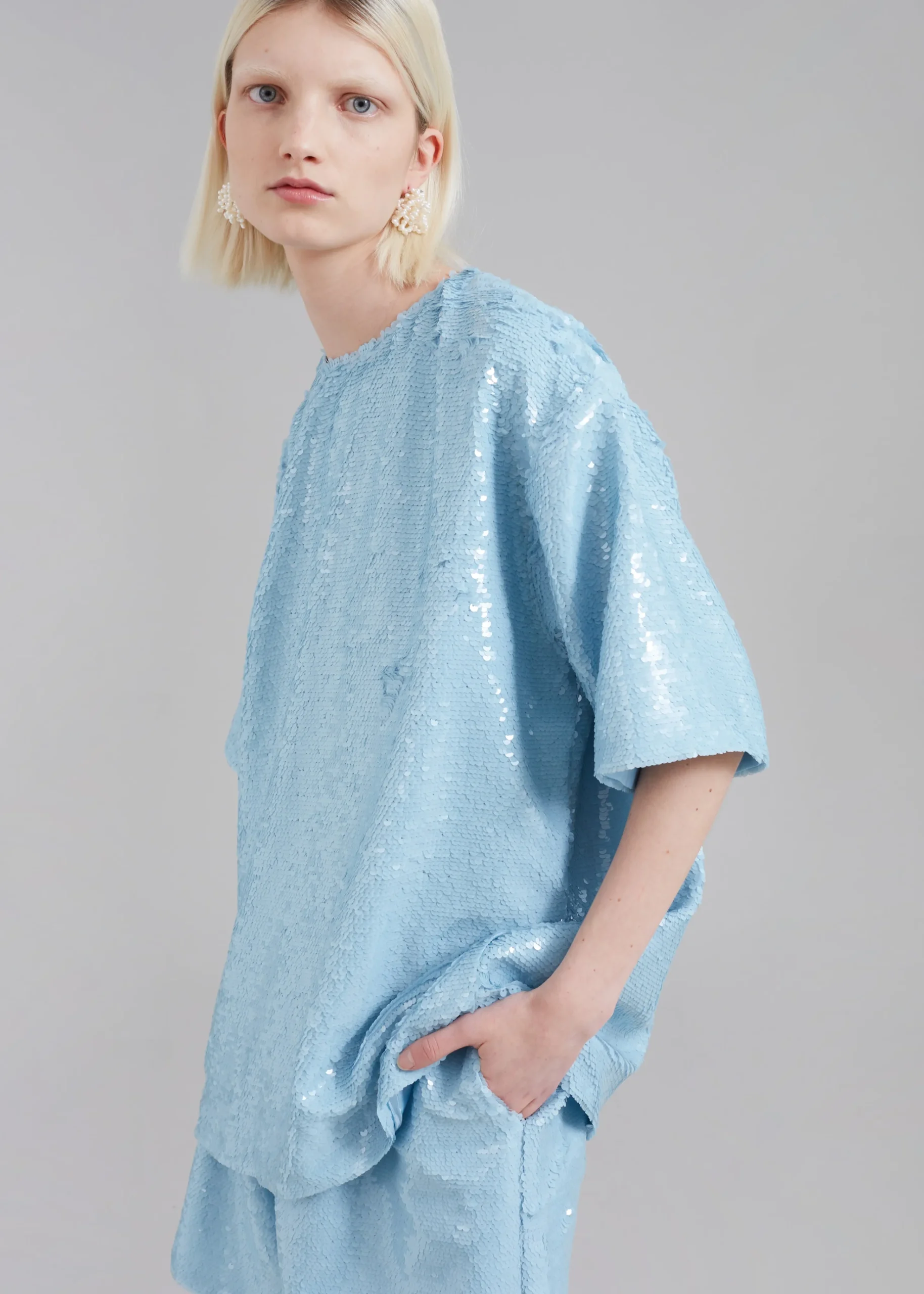 The Frankie Shop Jones Boxy Sequins Tee Sky Clearance