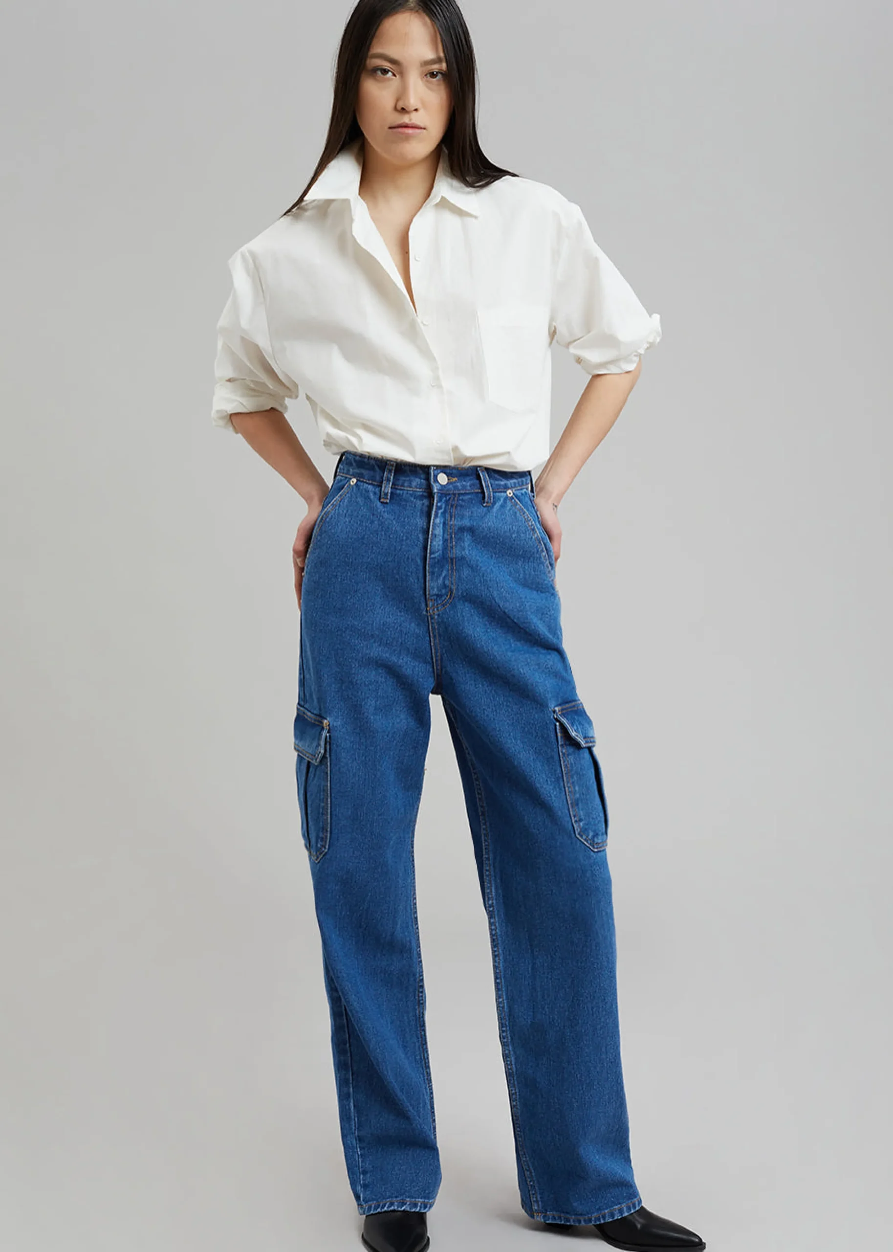 The Frankie Shop Kai Cargo Denim Pants Medium Wash Clearance
