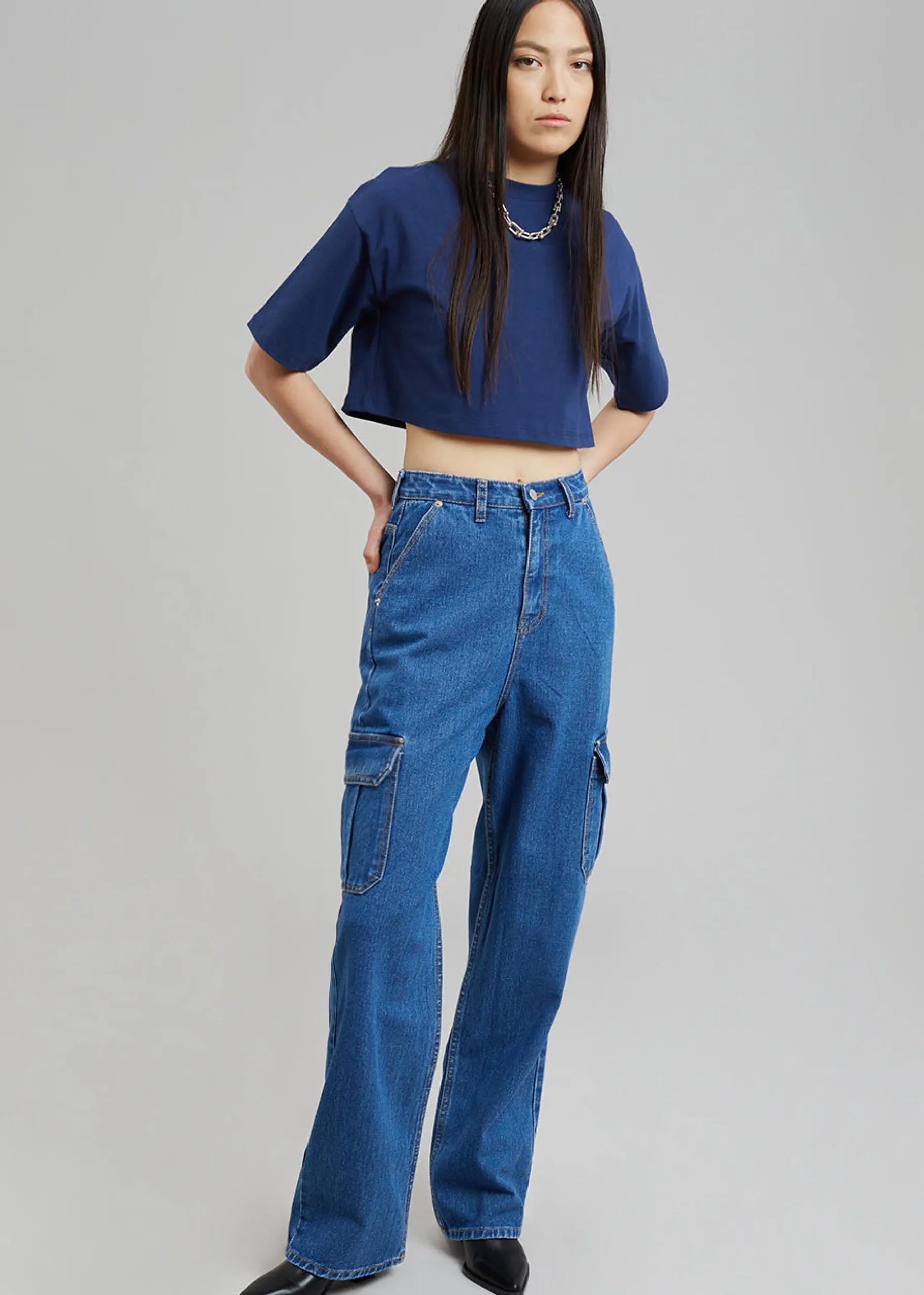 The Frankie Shop Kai Cargo Denim Pants Medium Wash Clearance