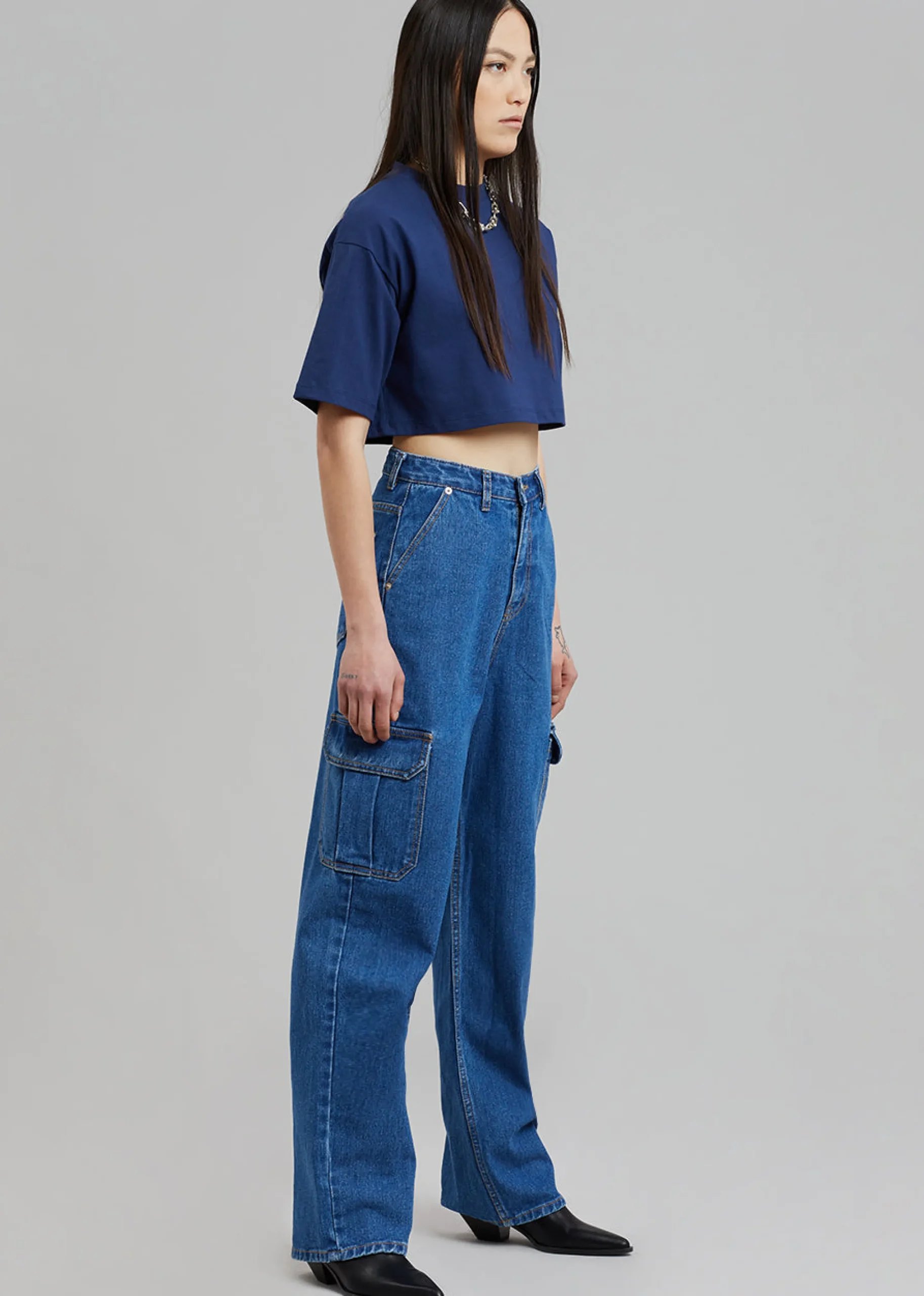 The Frankie Shop Kai Cargo Denim Pants Medium Wash Clearance