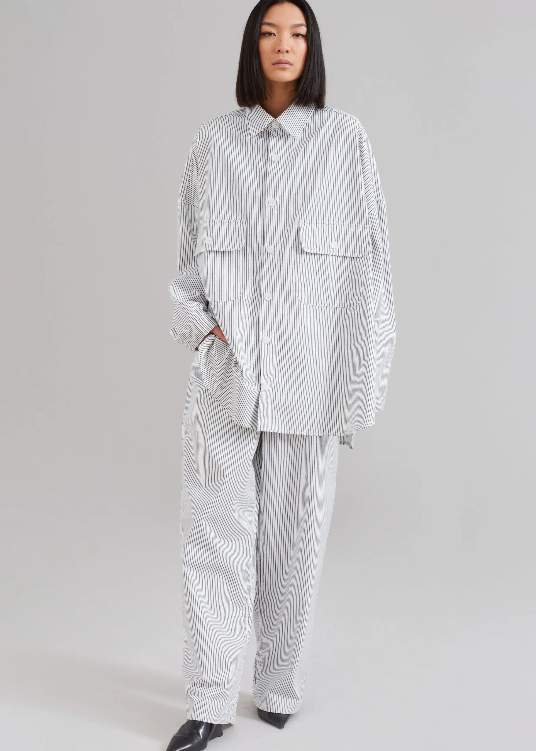 The Frankie Shop Kaline White Pocket Shirt Navy Stripe New