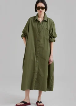 The Frankie Shop Kason Oversized Shirt Dress Dark Olive Discount