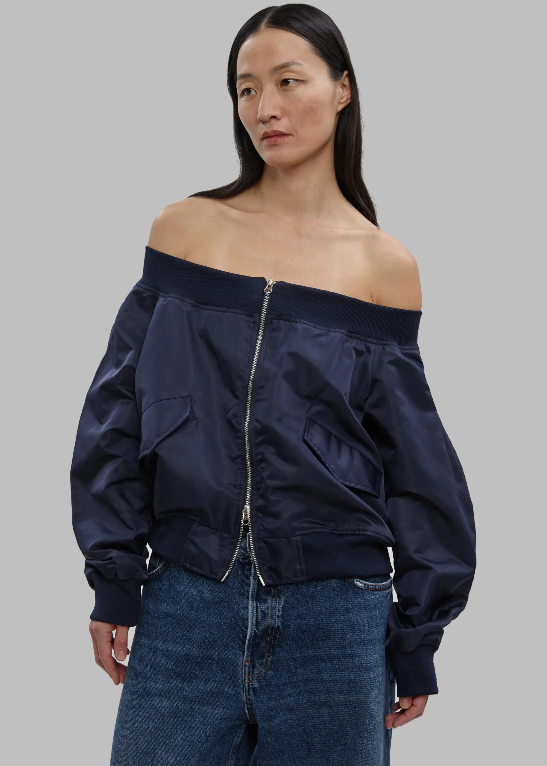 The Frankie Shop Lilya Off Shoulder Bomber Navy