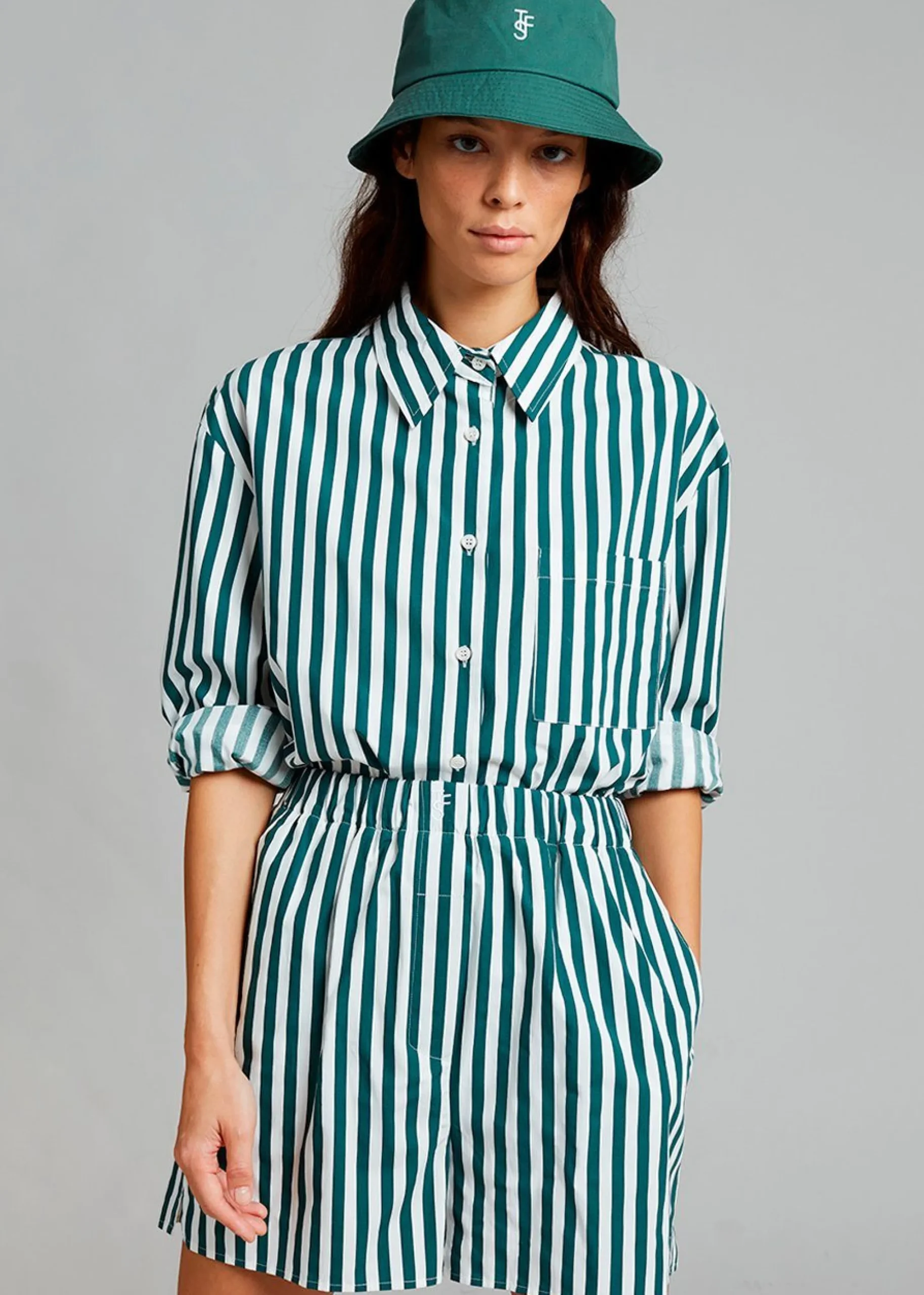 The Frankie Shop Lui Cotton Shirt Pine Stripe