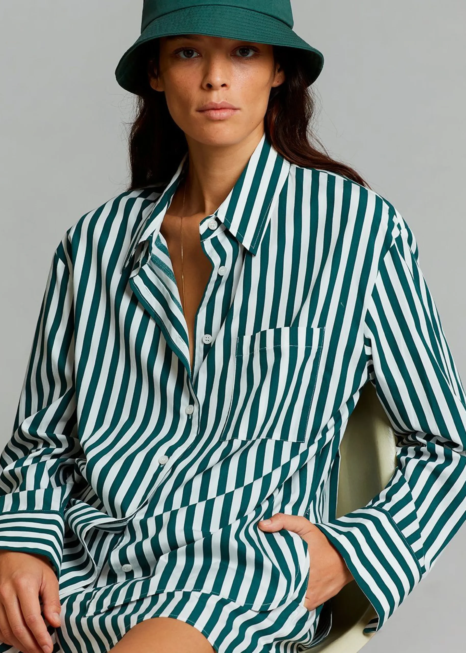 The Frankie Shop Lui Cotton Shirt Pine Stripe