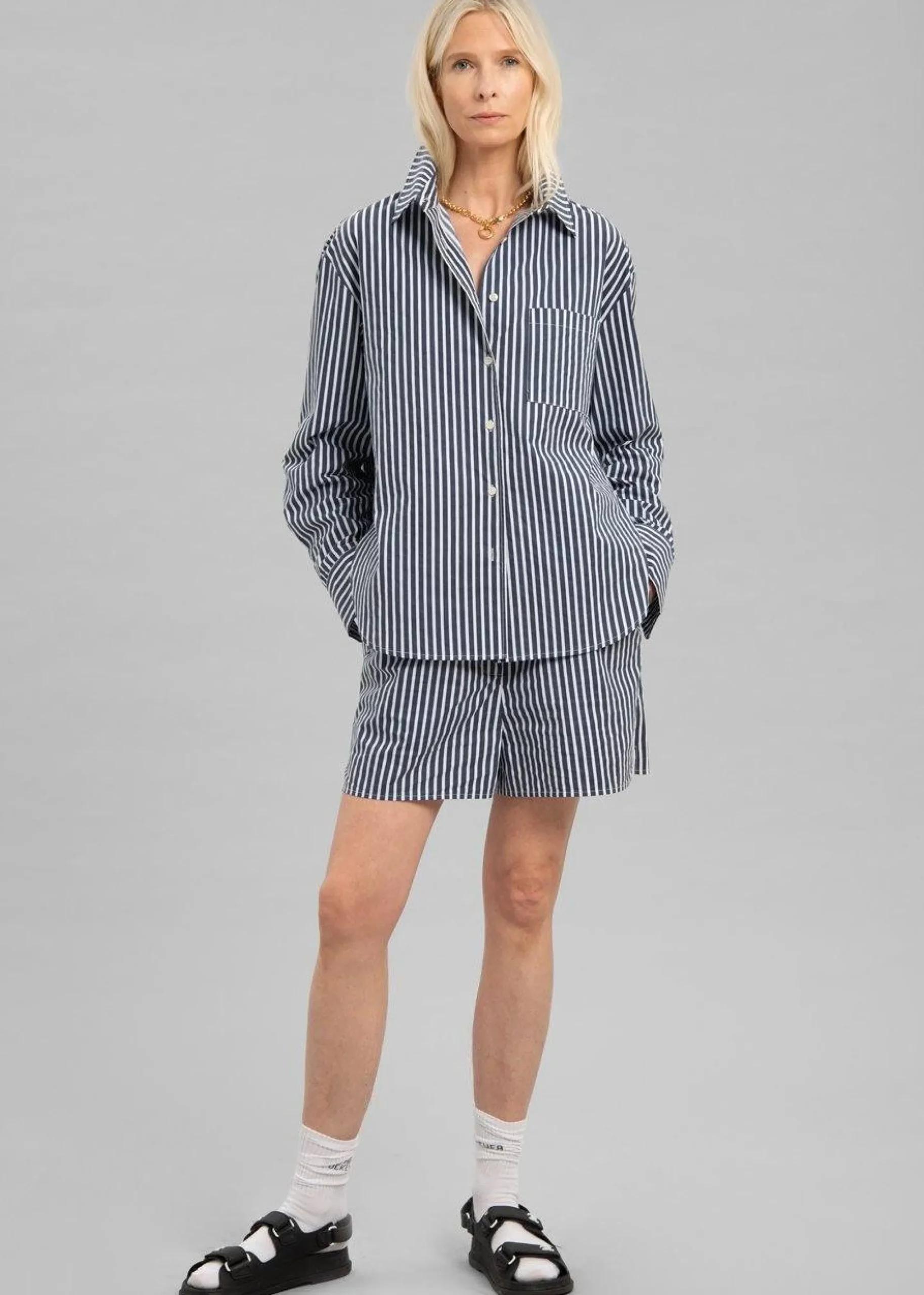 The Frankie Shop Lui Cotton Shirt Navy Stripe Online