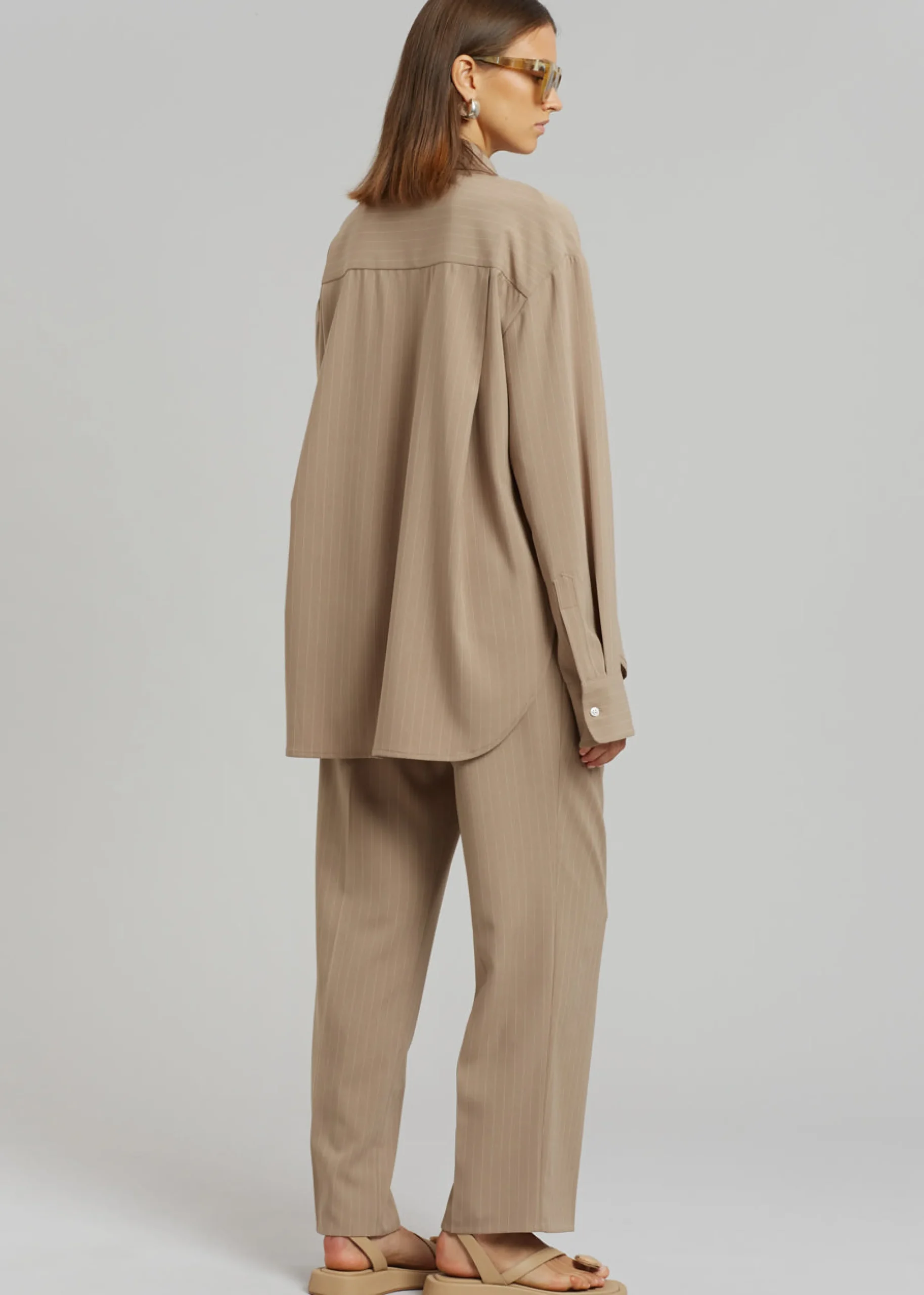 The Frankie Shop Lui Fluid Pinstripe Shirt Camel New