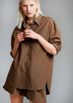 The Frankie Shop Lui Organic Cotton Shirt Chocolate New