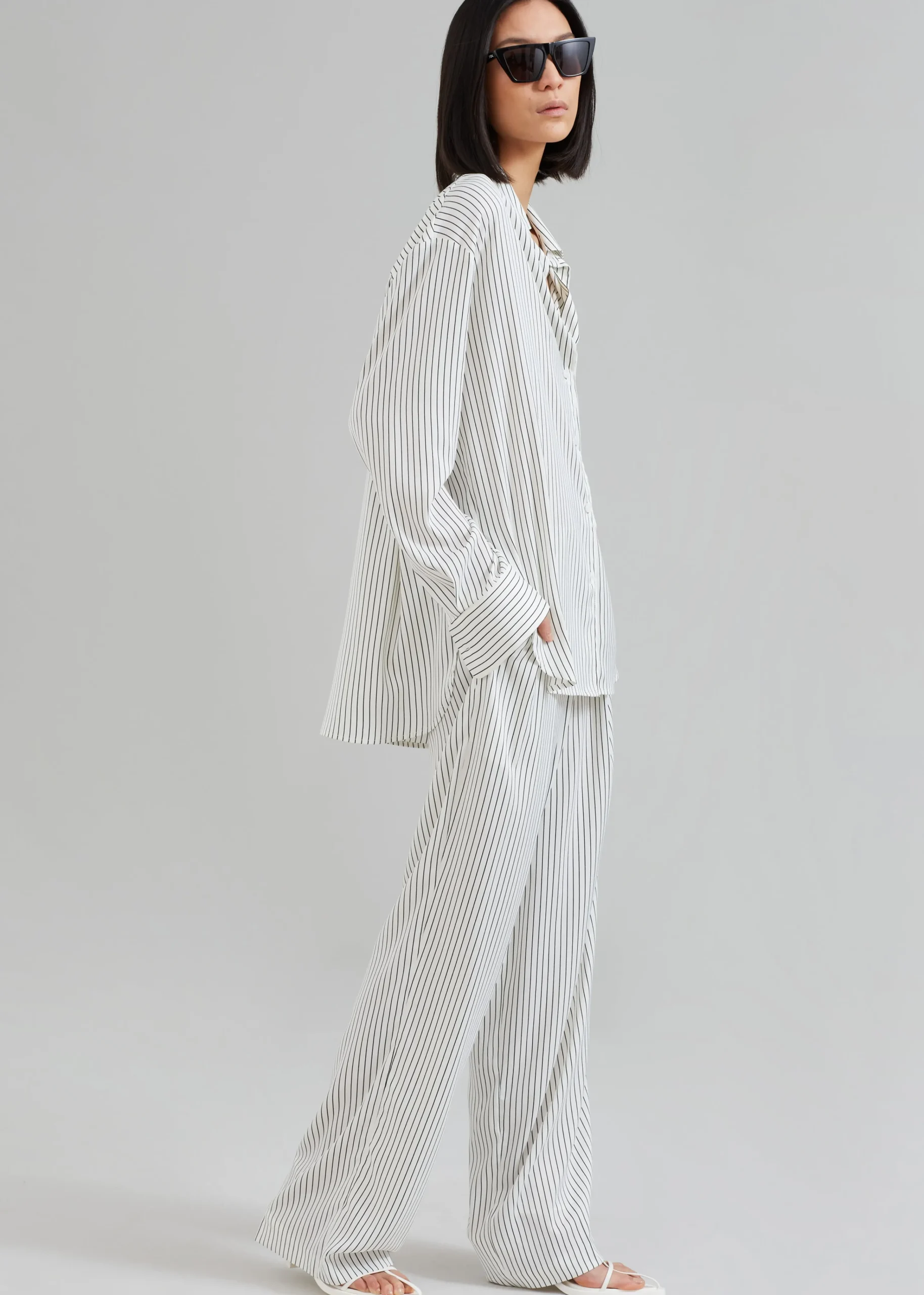 The Frankie Shop Lui Satin Shirt White Pinstripe Clearance