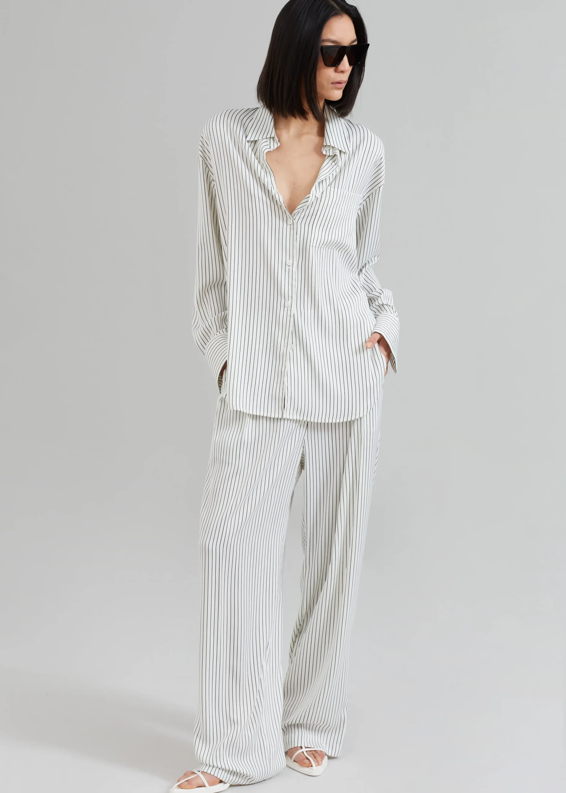 The Frankie Shop Lui Satin Shirt White Pinstripe Clearance