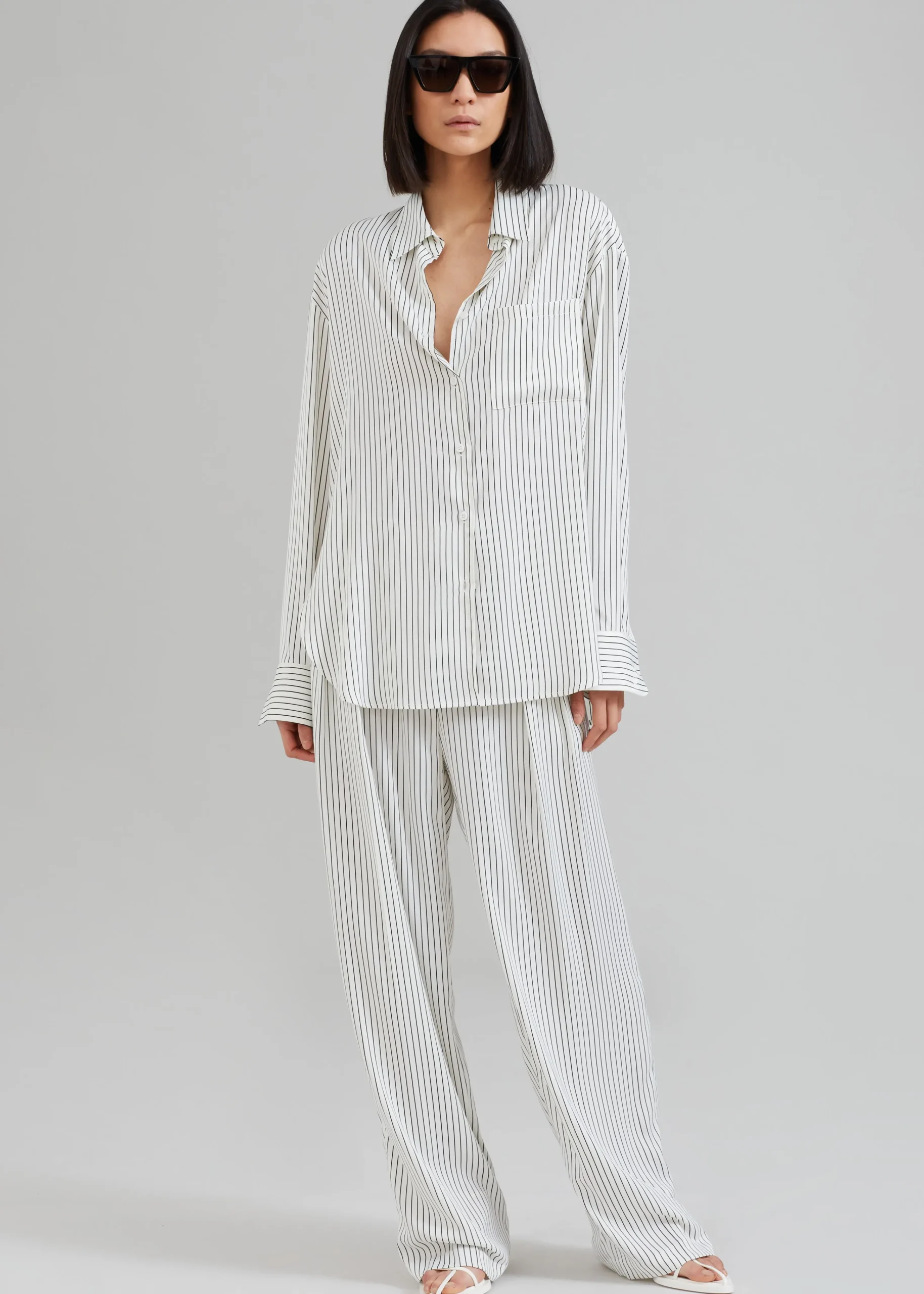 The Frankie Shop Lui Satin Shirt White Pinstripe Clearance