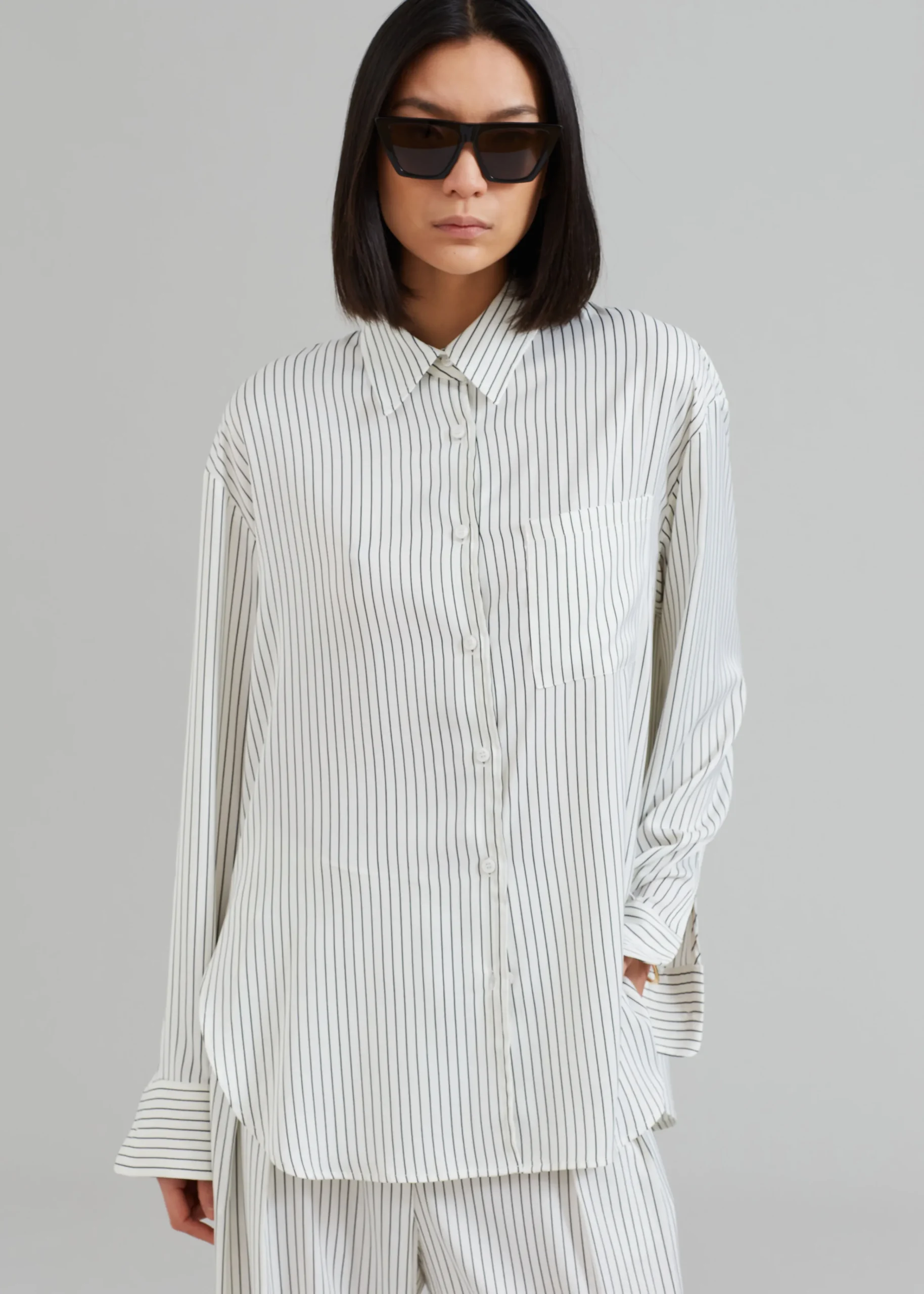 The Frankie Shop Lui Satin Shirt White Pinstripe Clearance