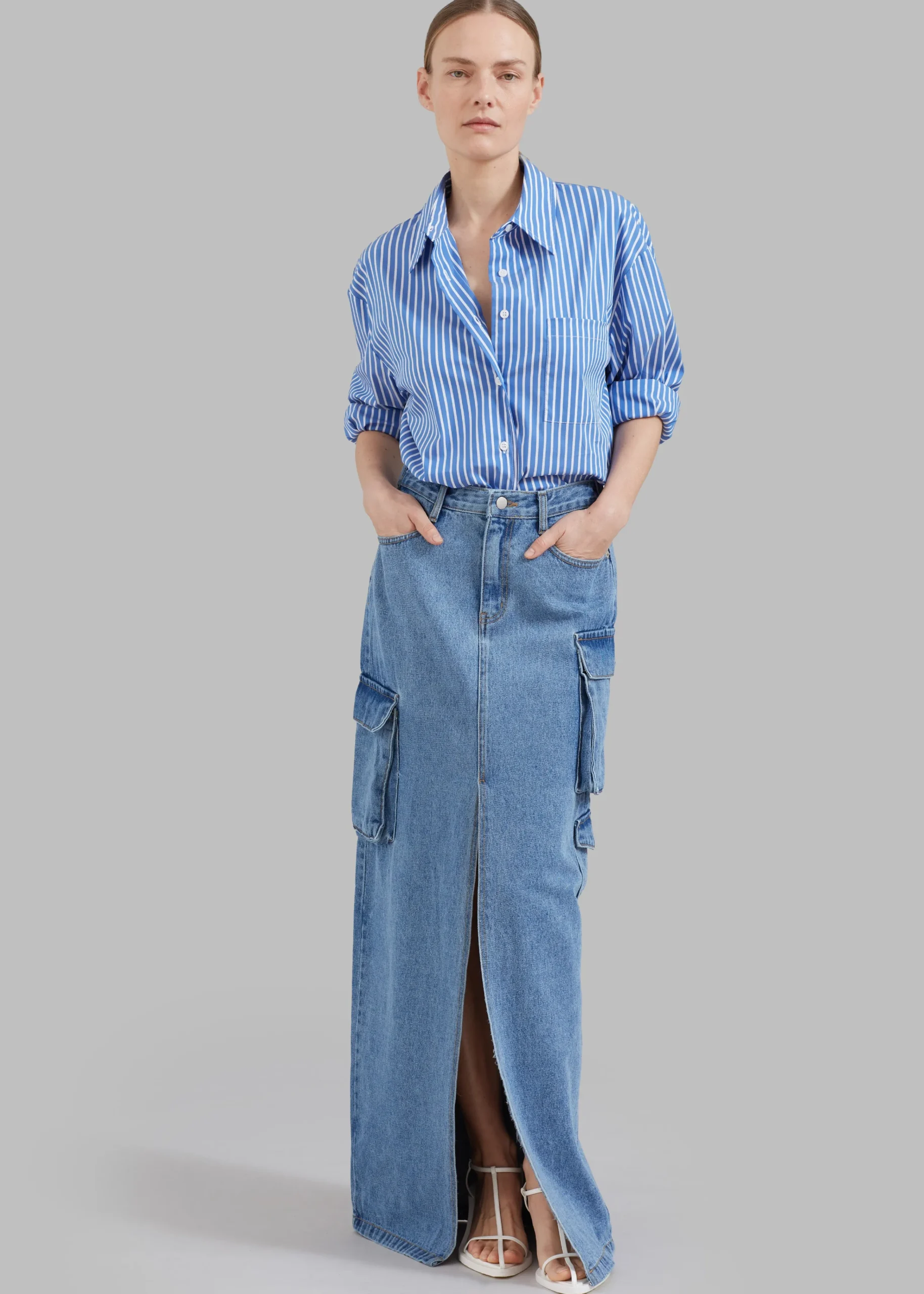 The Frankie Shop Lui Thin Stripe Shirt Medium Blue Stripe New