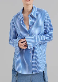The Frankie Shop Lui Thin Stripe Shirt Medium Blue Stripe New