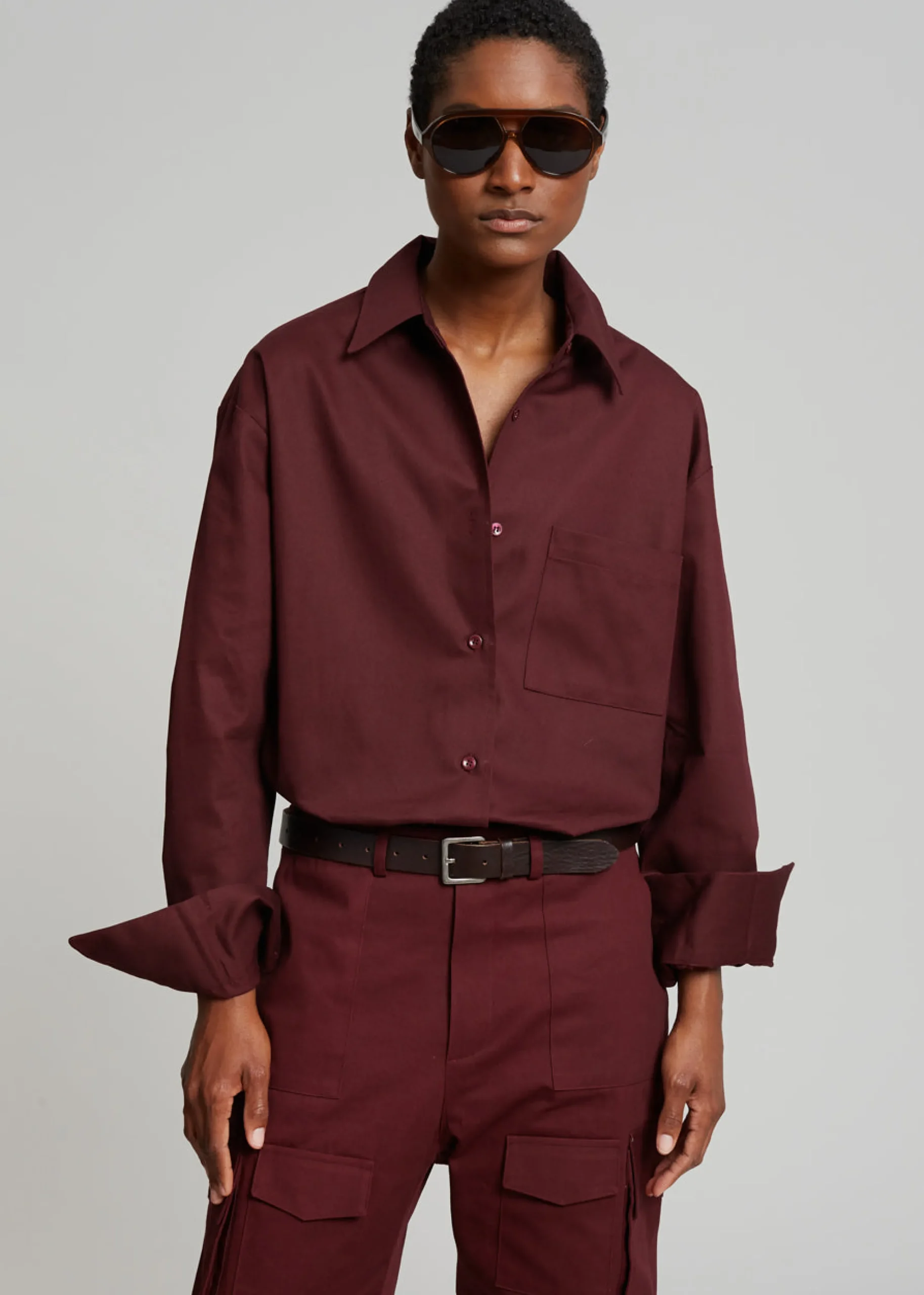 The Frankie Shop Lui Twill Overshirt Burgundy Hot