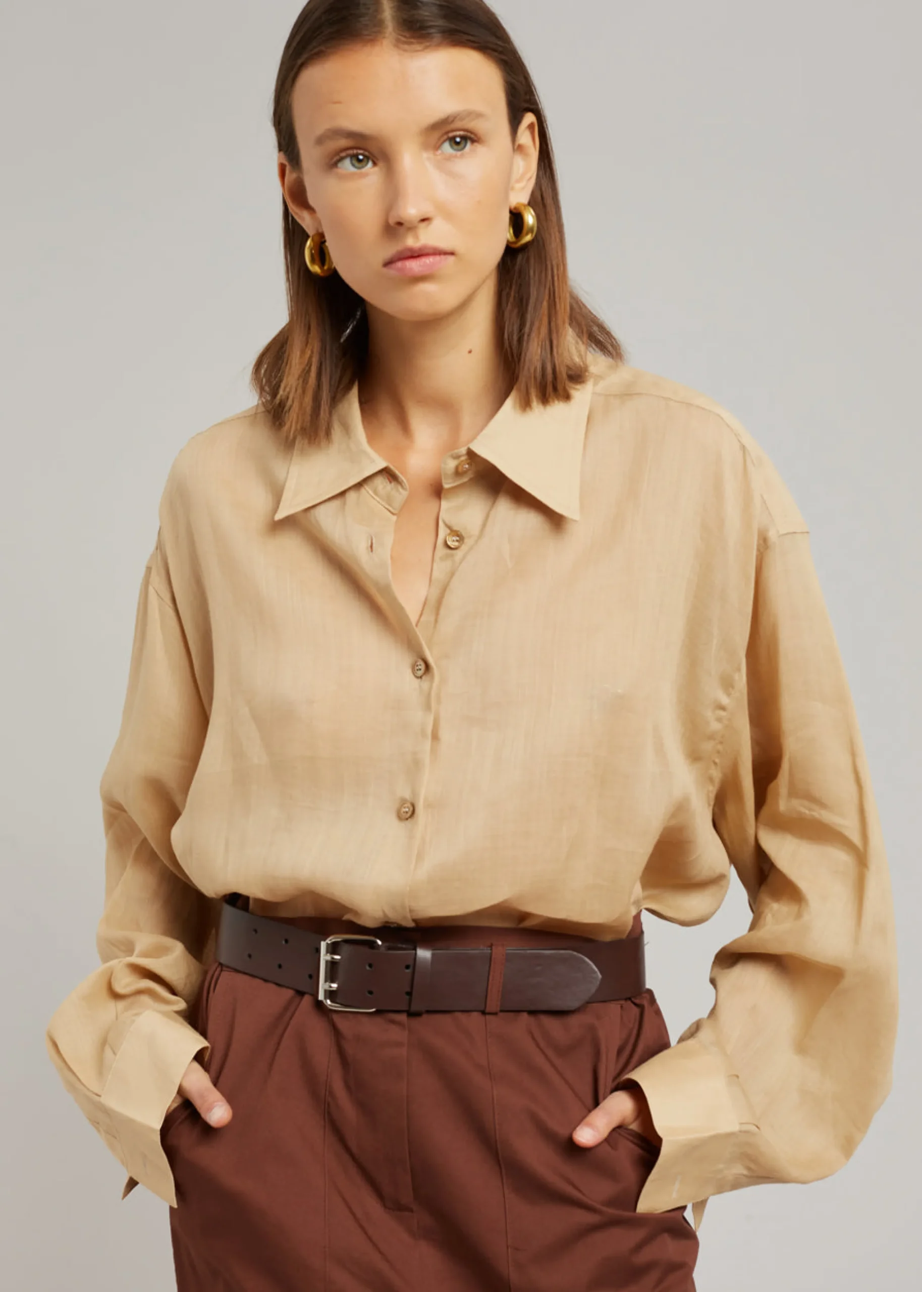 The Frankie Shop Marlow Oversized Linen Shirt Camel Discount