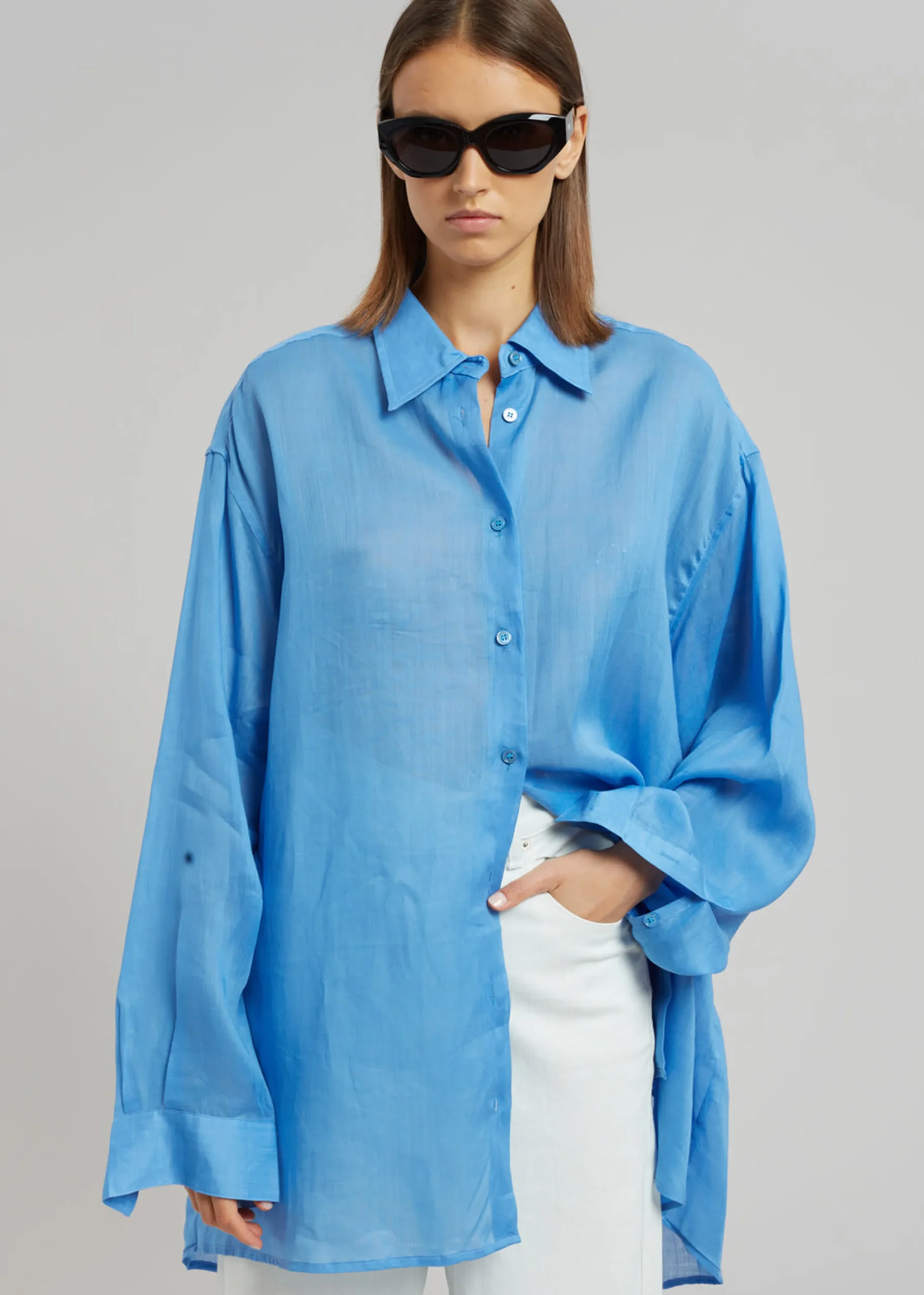 The Frankie Shop Marlow Oversized Linen Shirt Blue