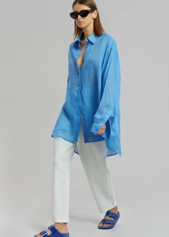 The Frankie Shop Marlow Oversized Linen Shirt Blue