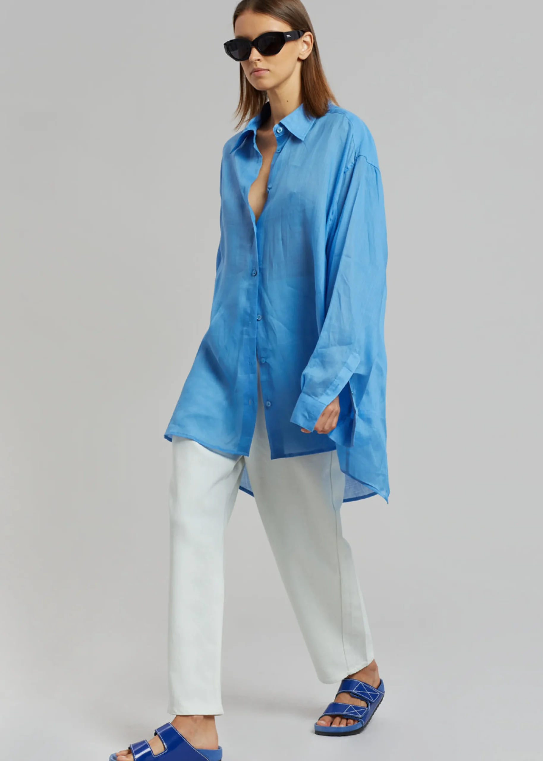 The Frankie Shop Marlow Oversized Linen Shirt Blue