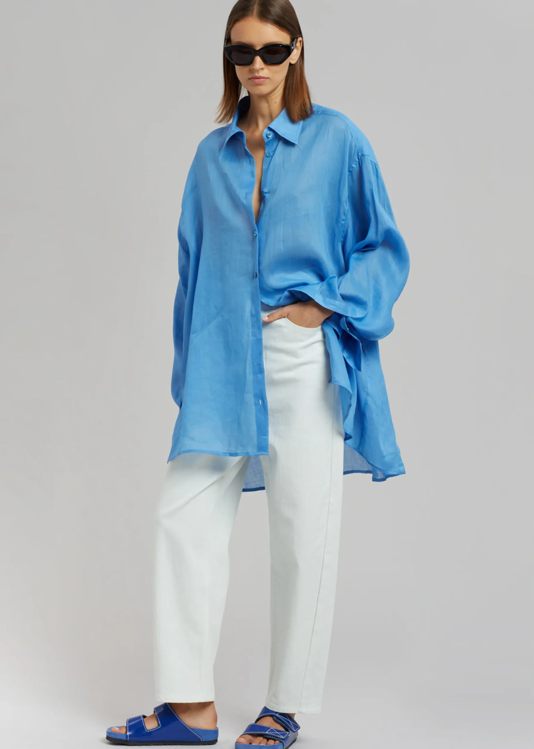 The Frankie Shop Marlow Oversized Linen Shirt Blue