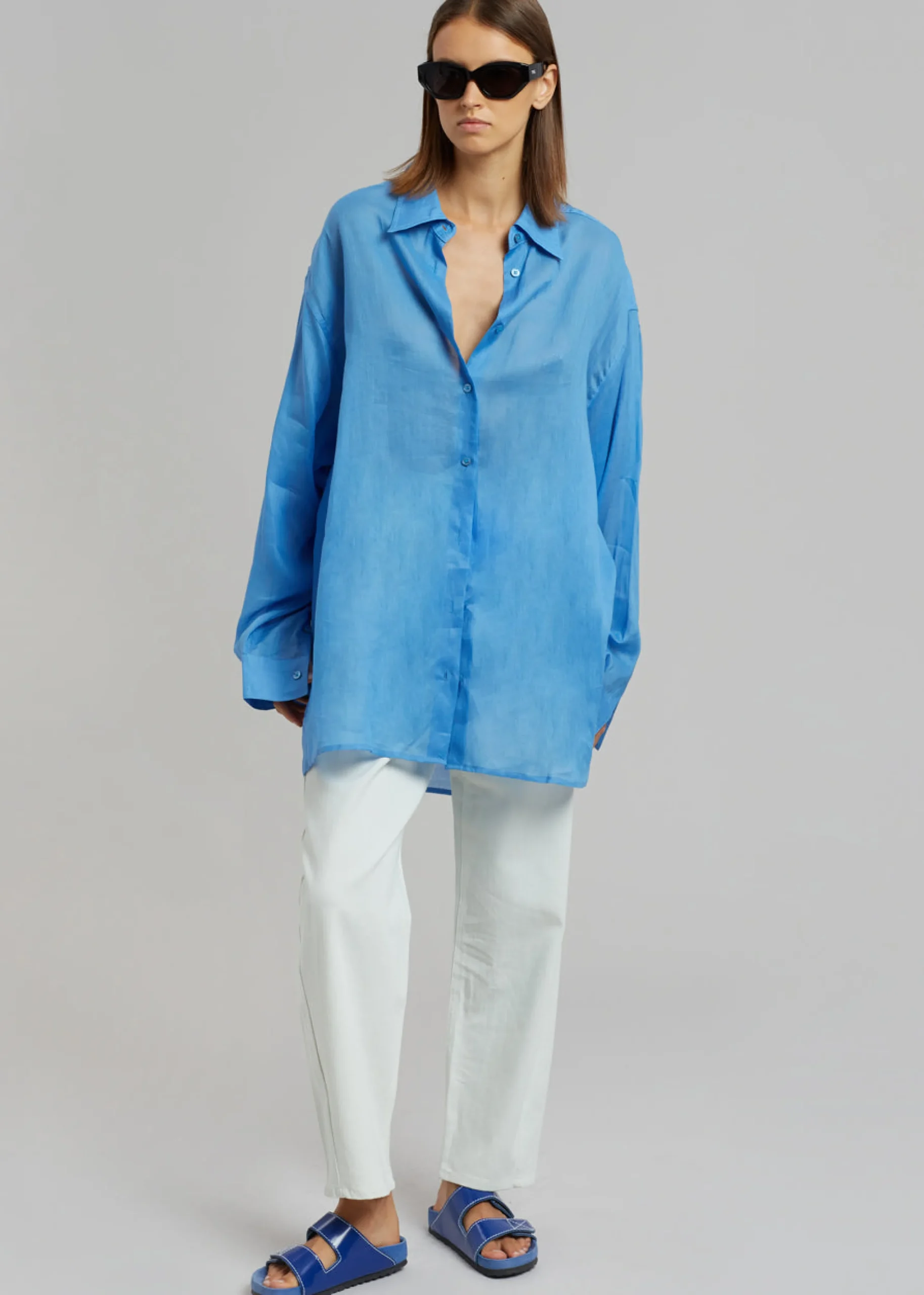 The Frankie Shop Marlow Oversized Linen Shirt Blue