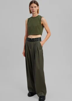 The Frankie Shop Nellie Belted Pleated Pants Olive Outlet