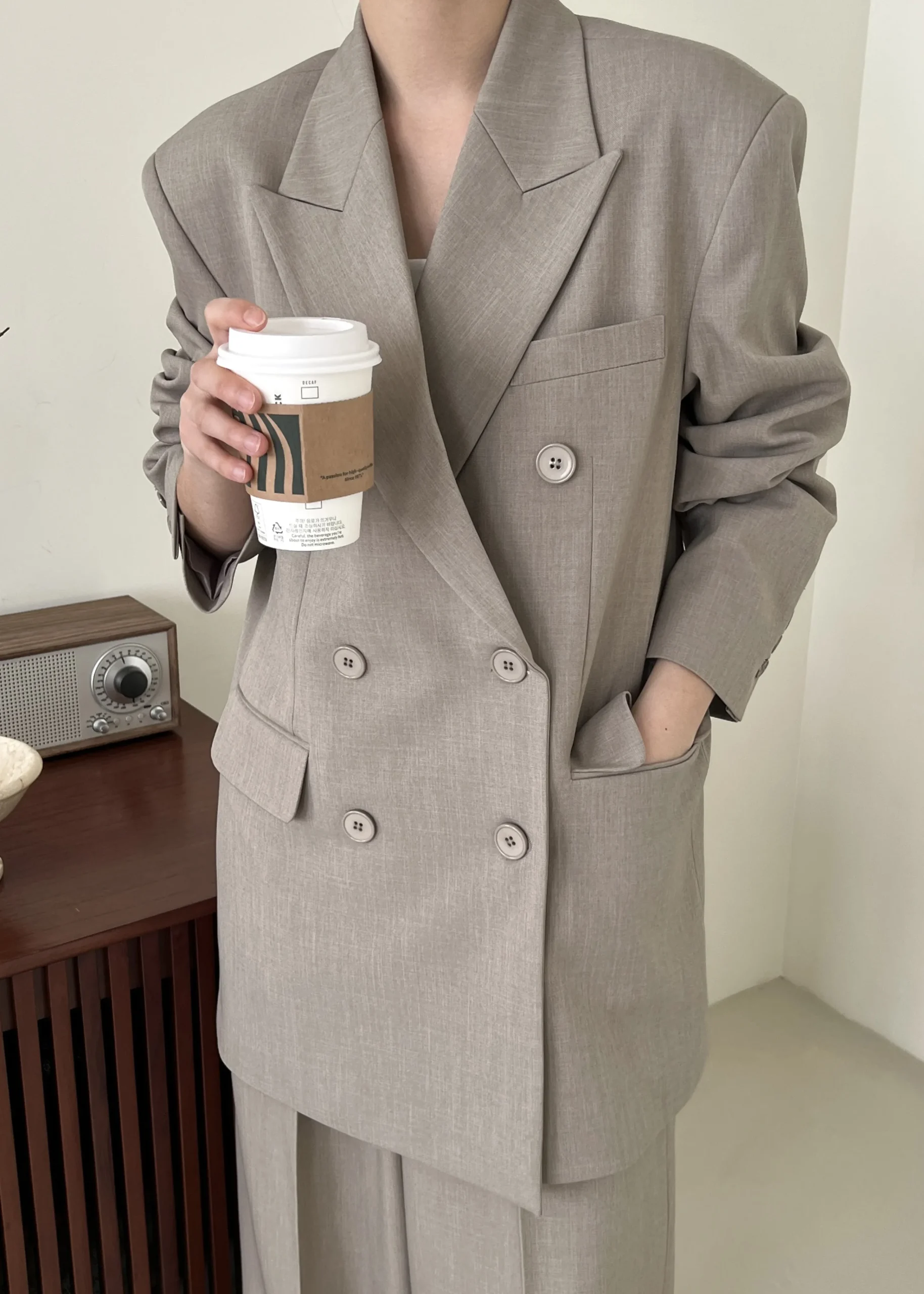 The Frankie Shop Nessi Double Breasted Blazer Taupe