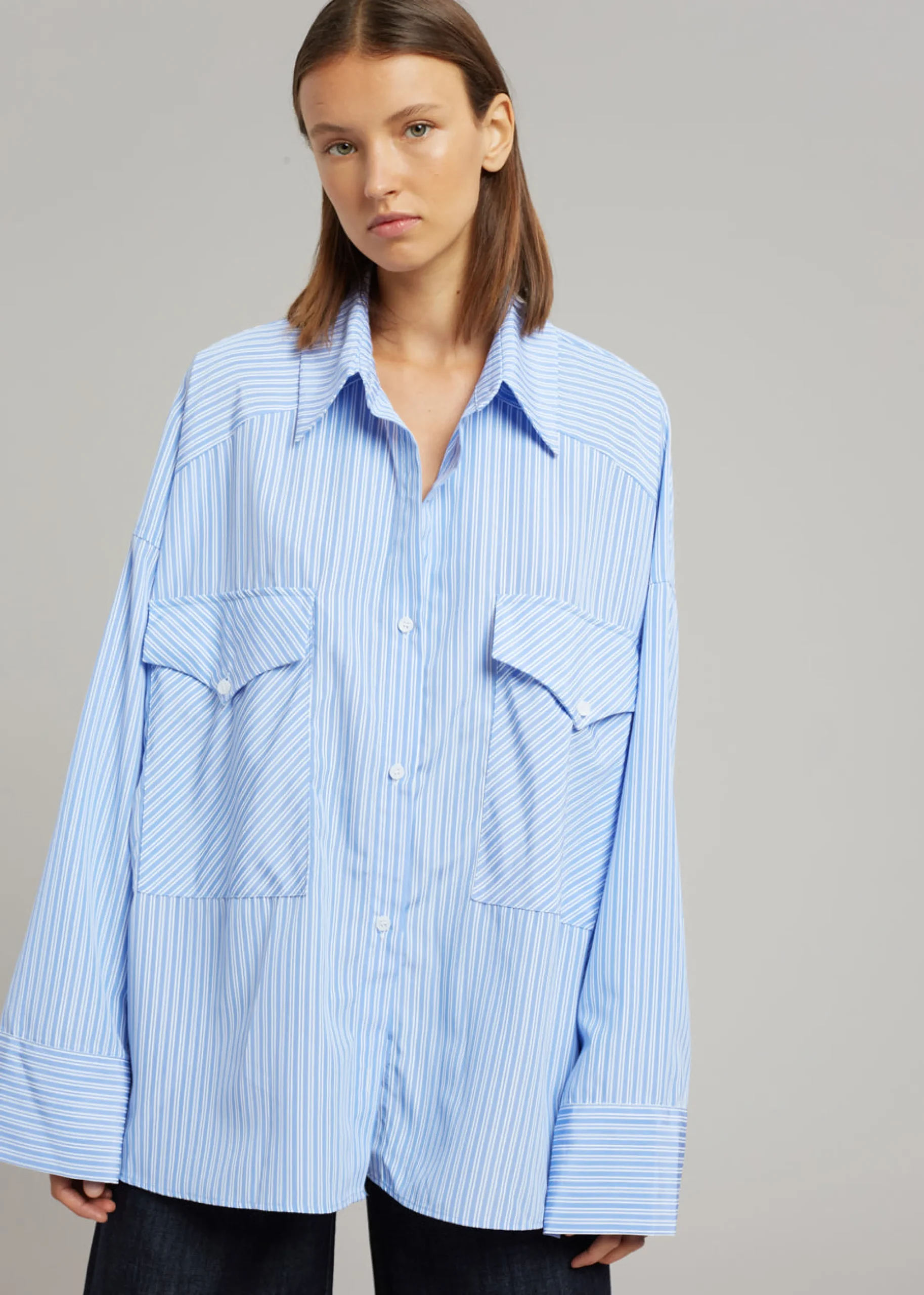 The Frankie Shop Orson Pocket Shirt Blue Stripe Hot