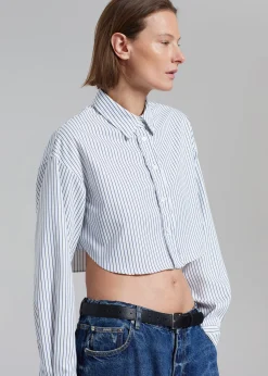 The Frankie Shop Palermo White Cropped Shirt Navy Stripe Outlet