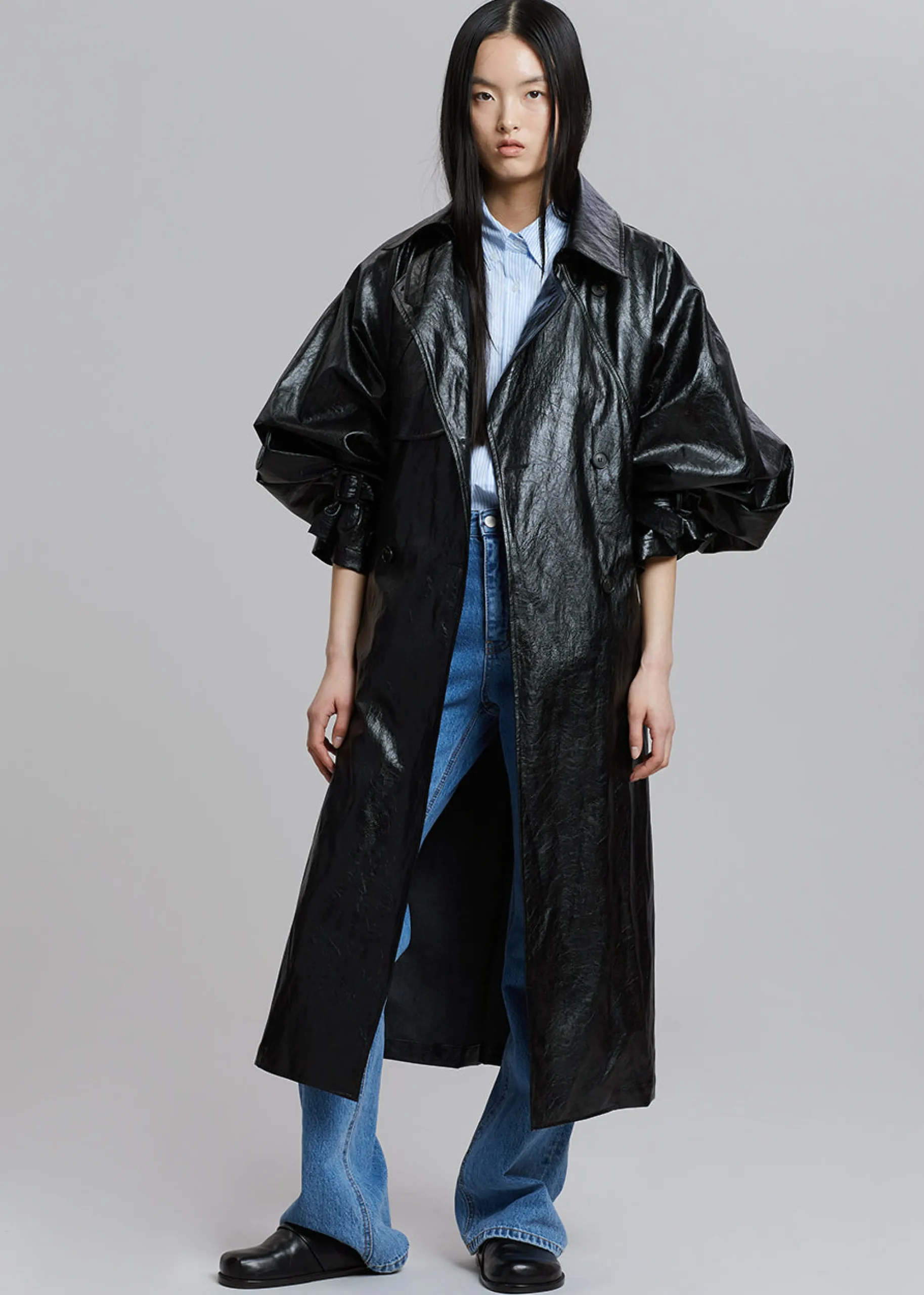 The Frankie Shop Reed Faux Leather Trench Coat Black