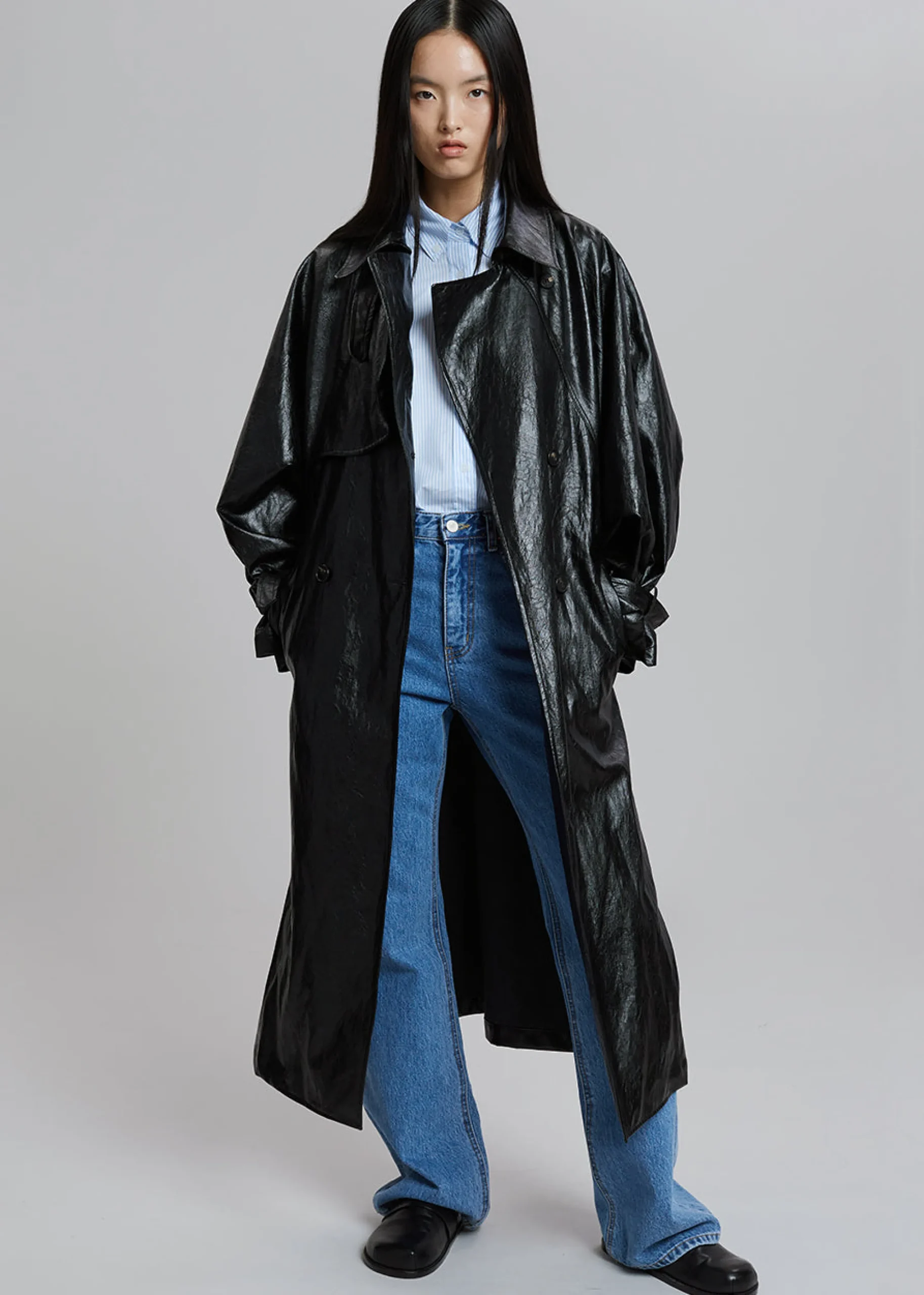 The Frankie Shop Reed Faux Leather Trench Coat Black