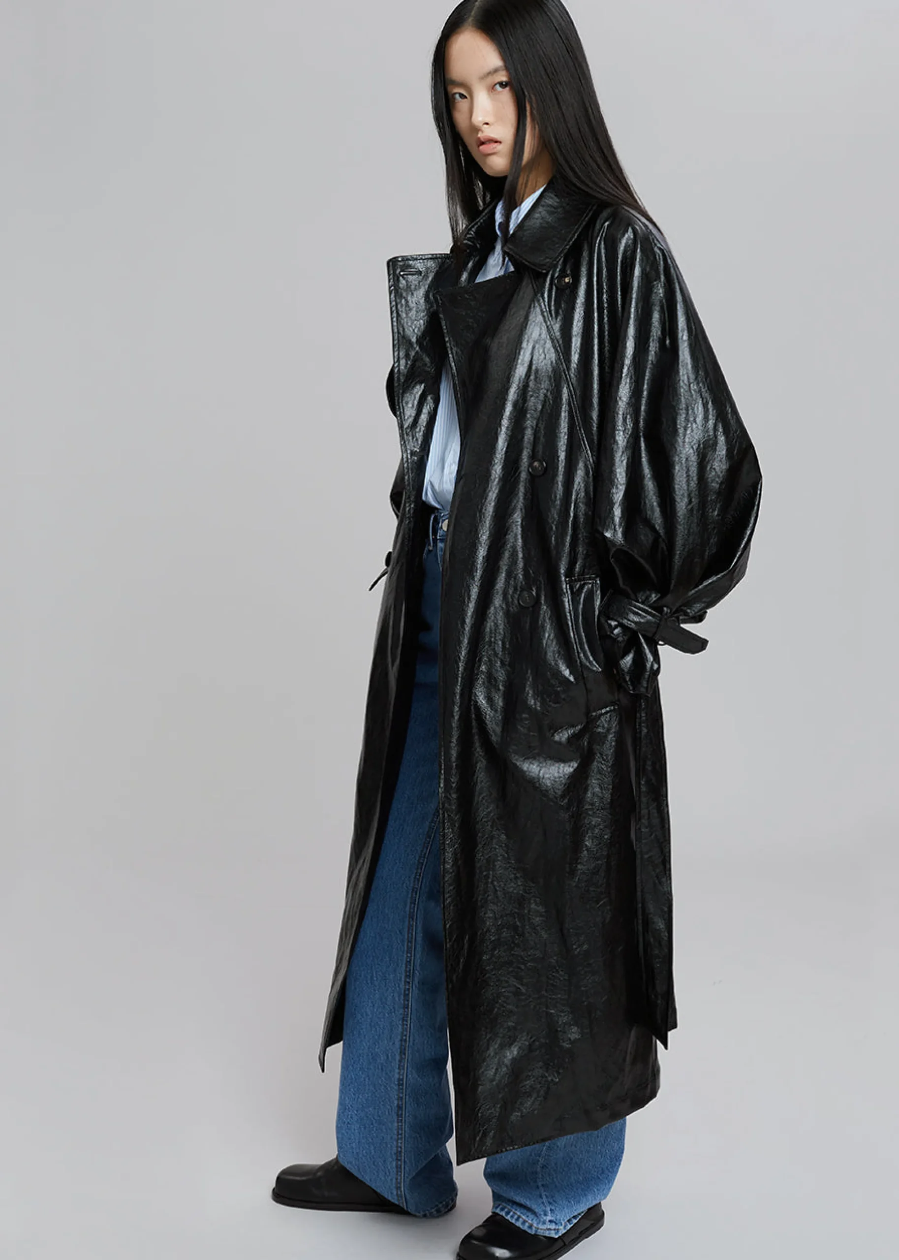 The Frankie Shop Reed Faux Leather Trench Coat Black