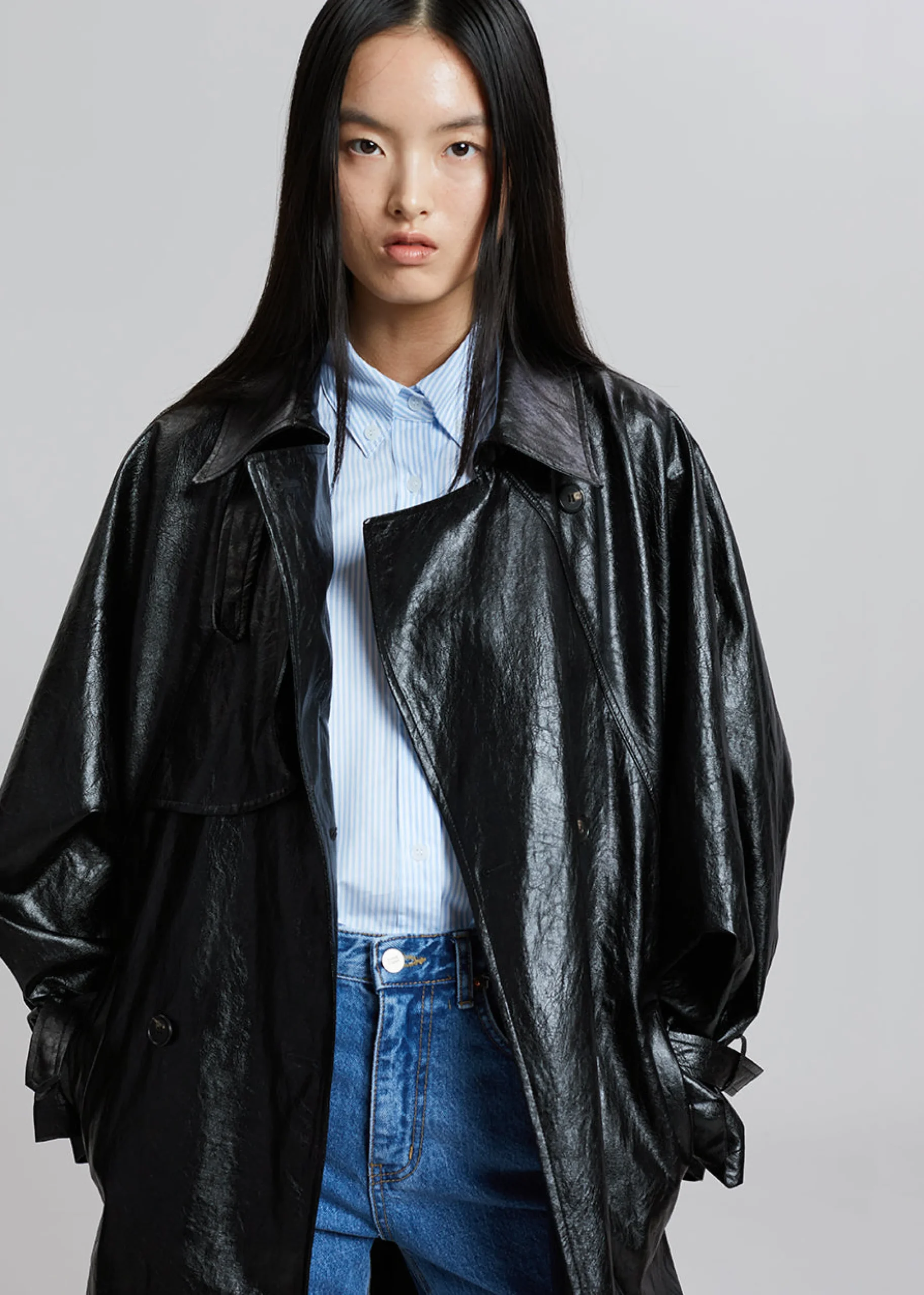 The Frankie Shop Reed Faux Leather Trench Coat Black