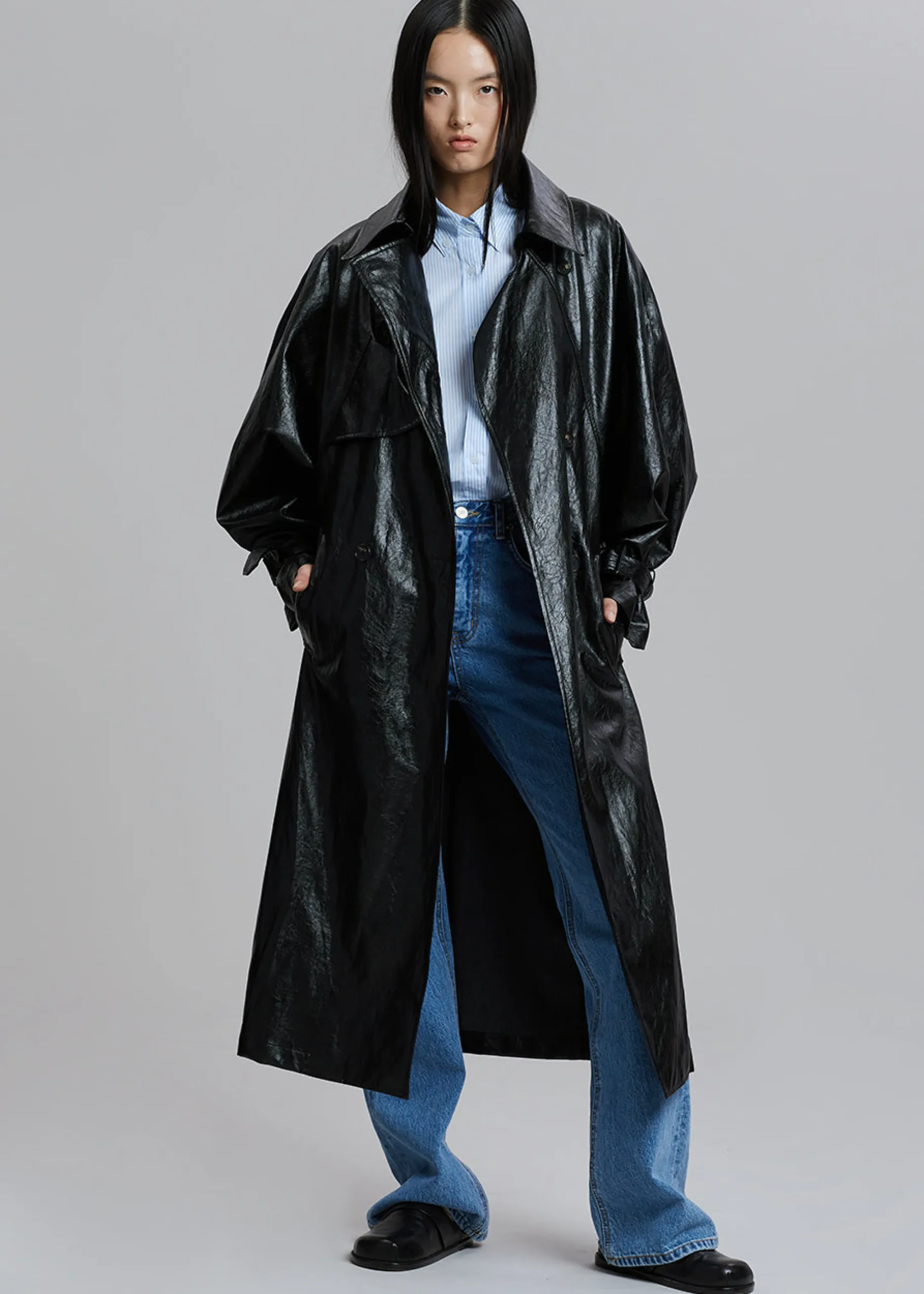 The Frankie Shop Reed Faux Leather Trench Coat Black