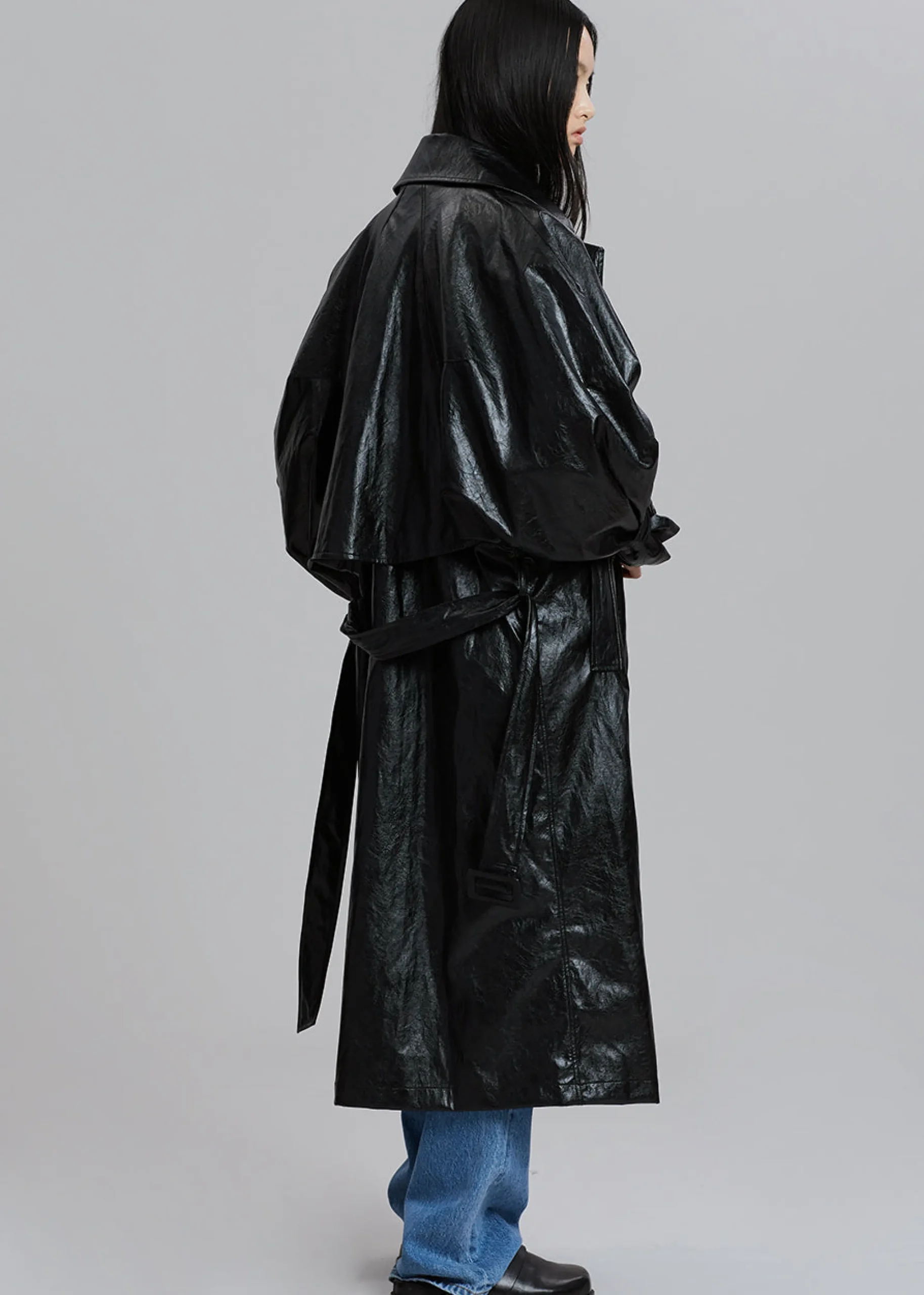 The Frankie Shop Reed Faux Leather Trench Coat Black
