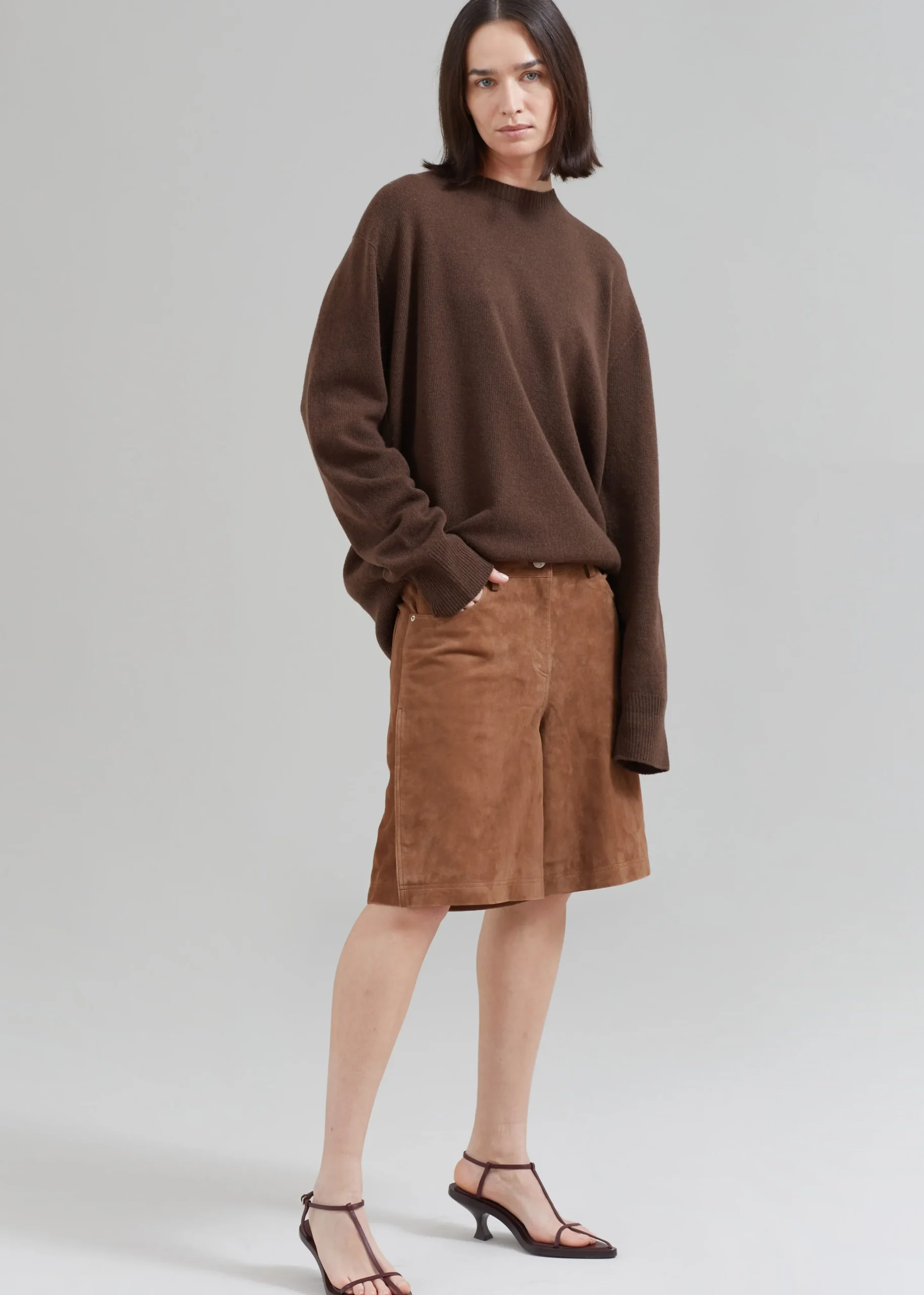 The Frankie Shop Remain Suede Bermuda Slit Shorts Emperador