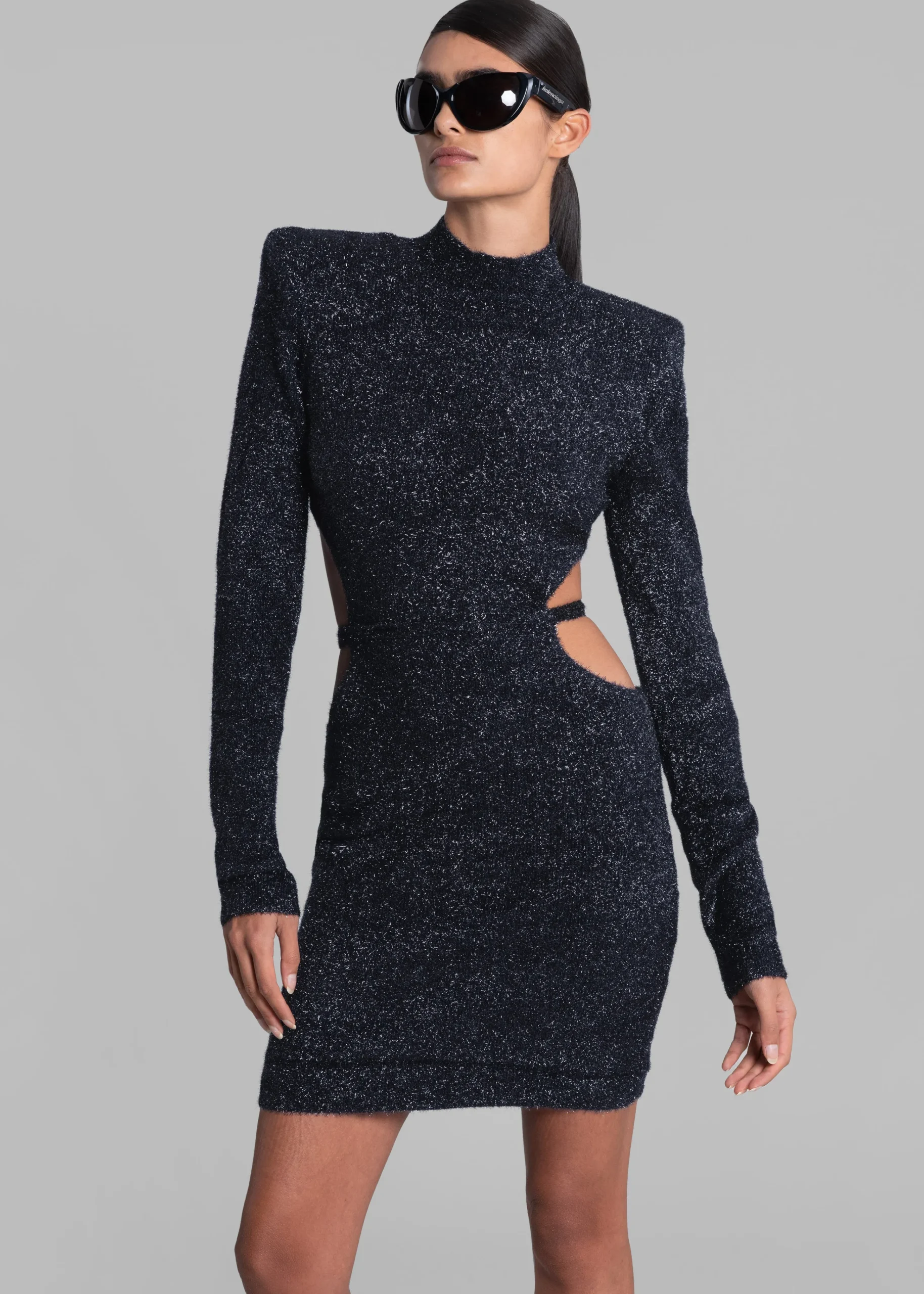 The Frankie Shop Rotate Glitter Knit Padded Shoulder Dress Blue Nights Best
