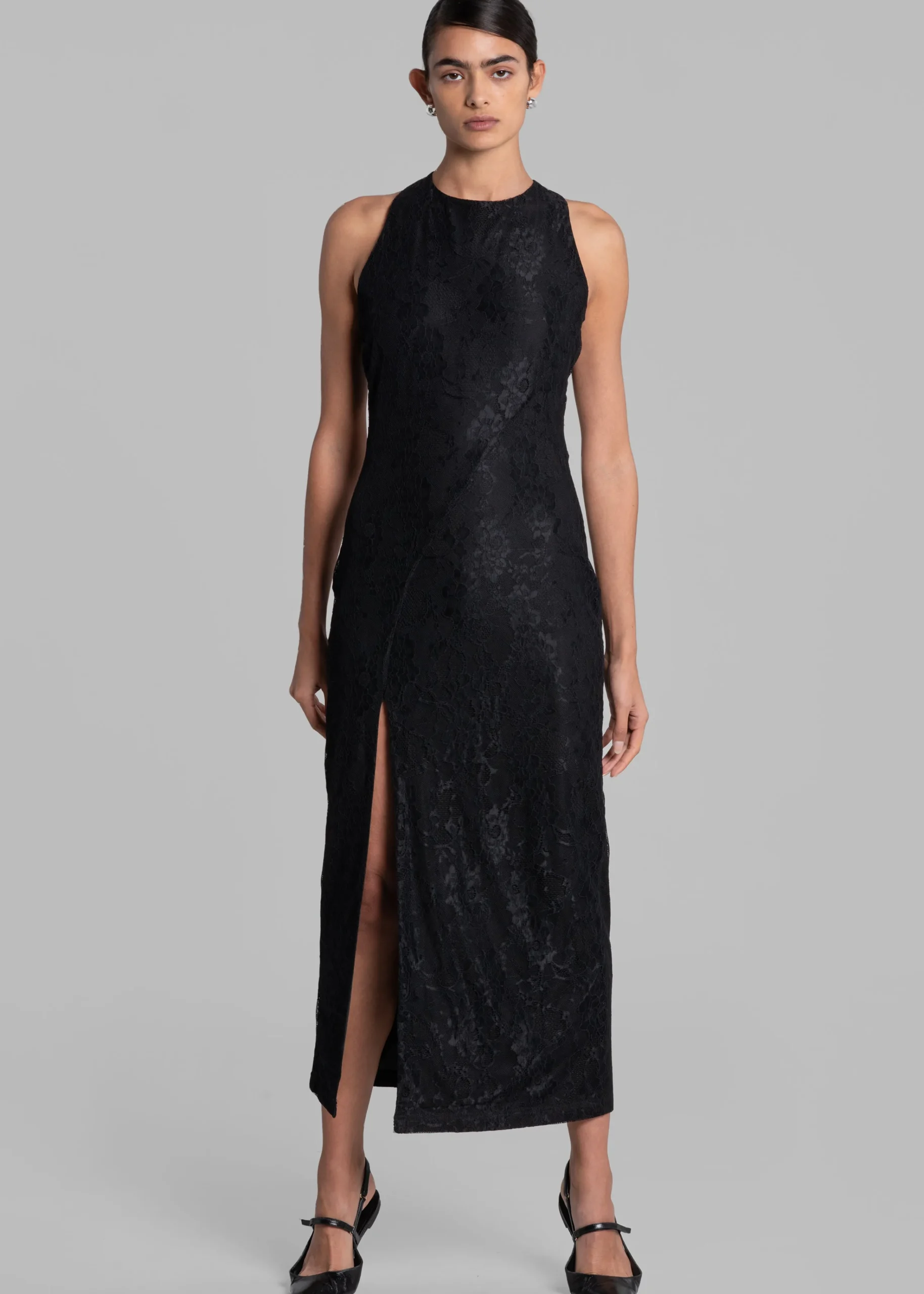 The Frankie Shop Rotate Mesh Lace Slit Dress Black Hot