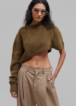 The Frankie Shop Soili Asymmetric Cropped Knit Top Olive Discount
