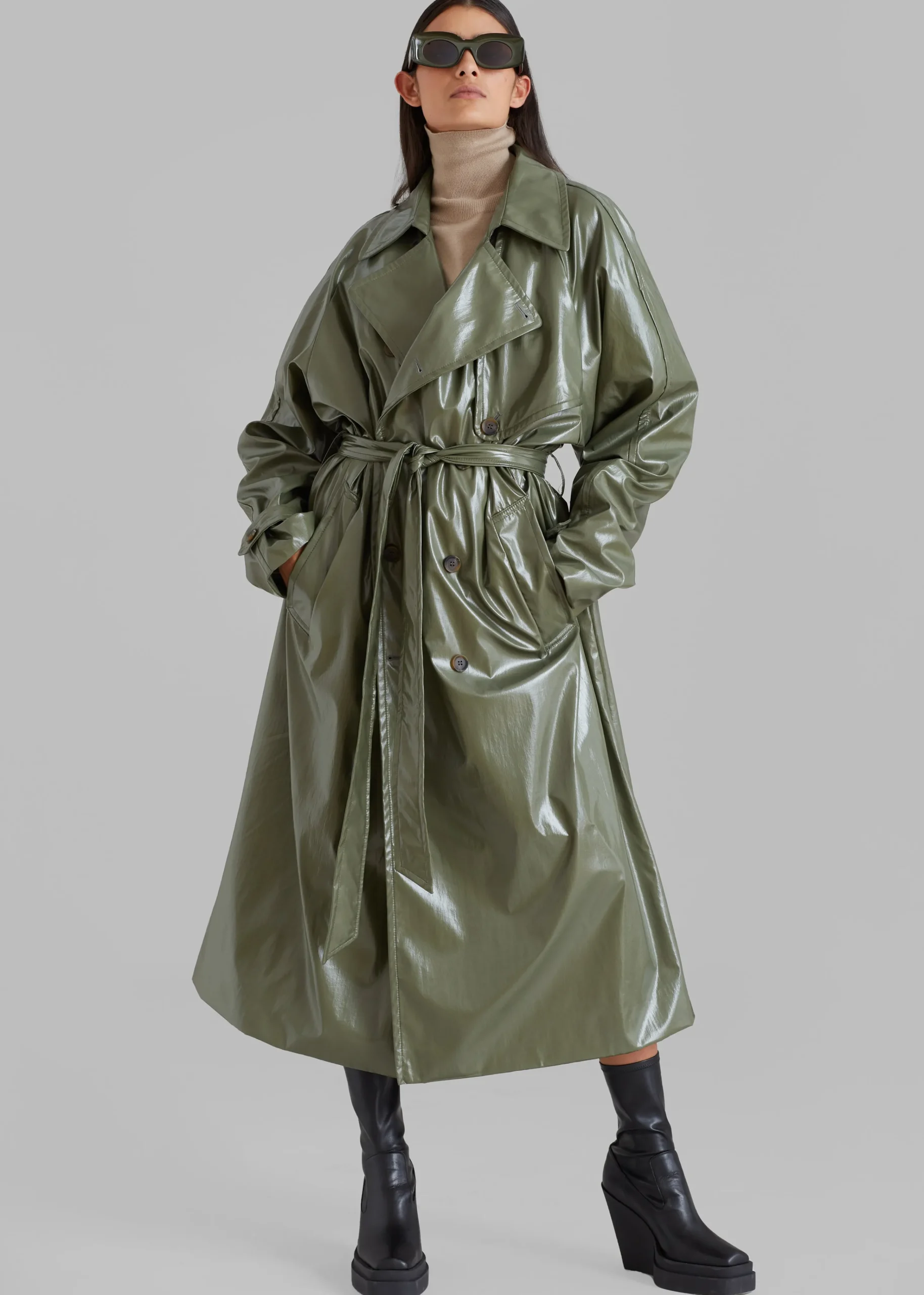 The Frankie Shop Sue Vinyl Trench Coat Green Best