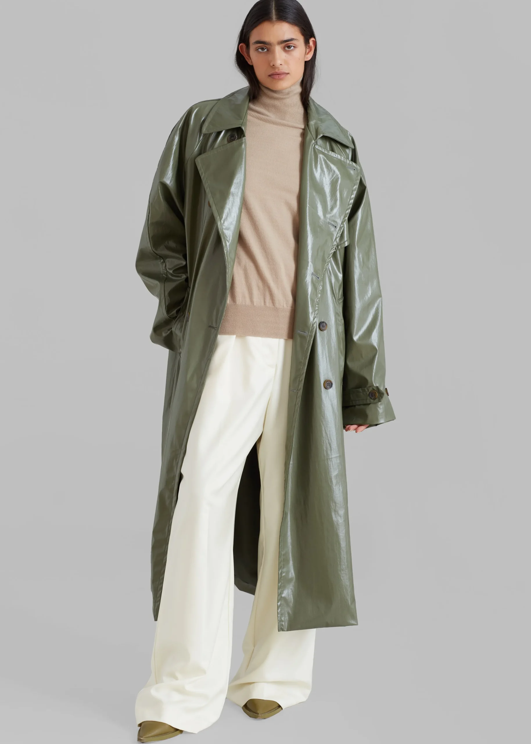 The Frankie Shop Sue Vinyl Trench Coat Green Best