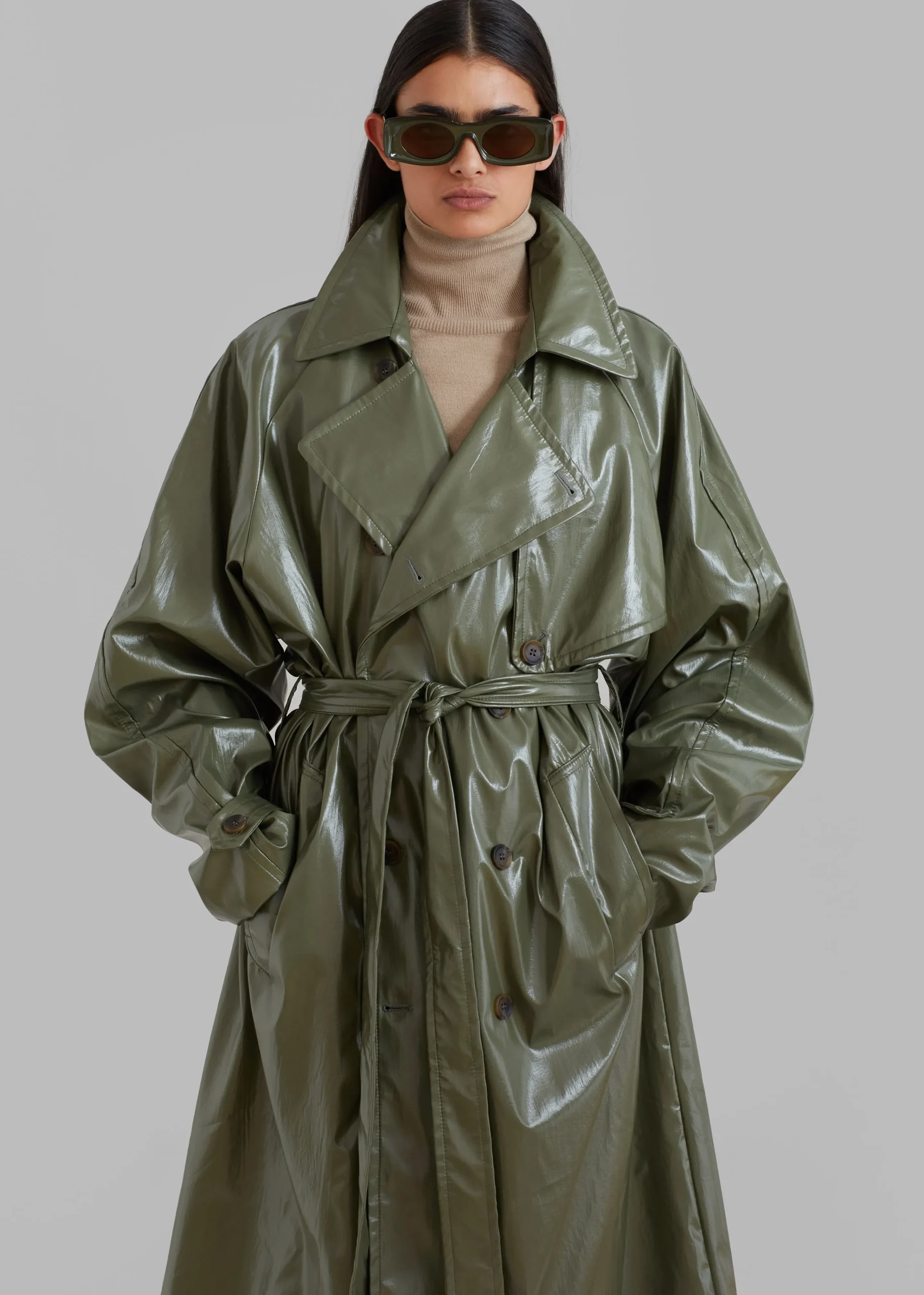 The Frankie Shop Sue Vinyl Trench Coat Green Best