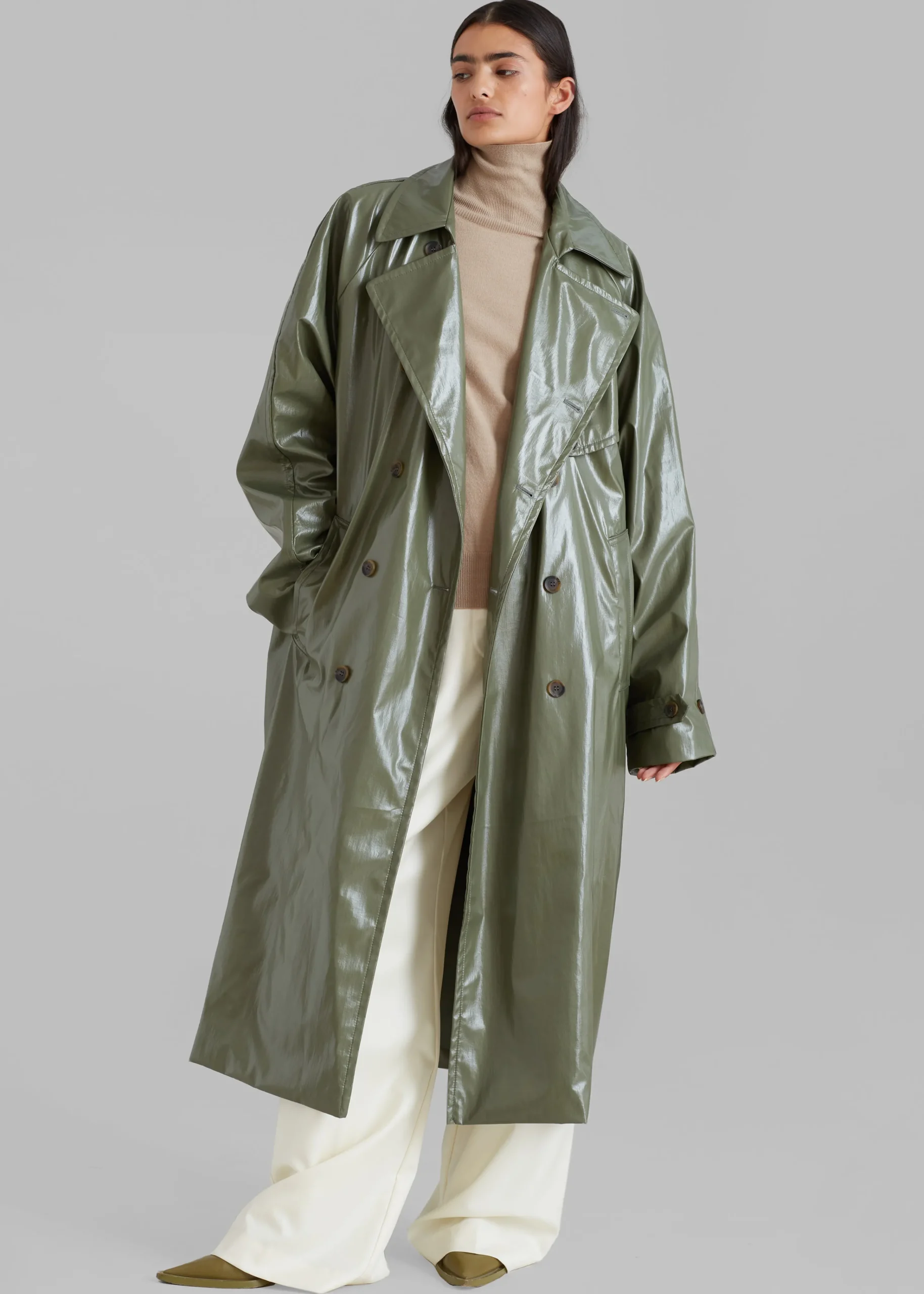 The Frankie Shop Sue Vinyl Trench Coat Green Best