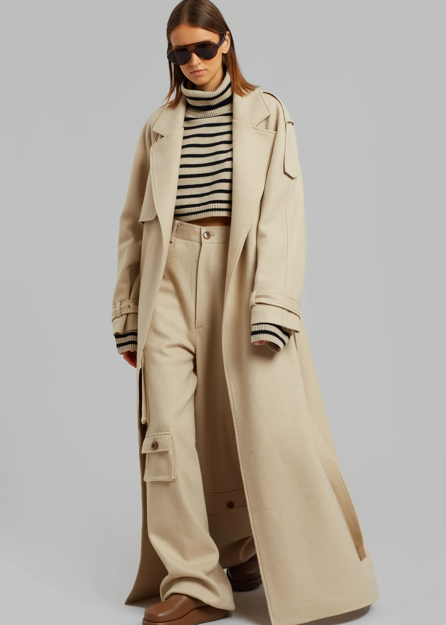 The Frankie Shop Suzanne Boiled Wool Trench Coat Beige Outlet