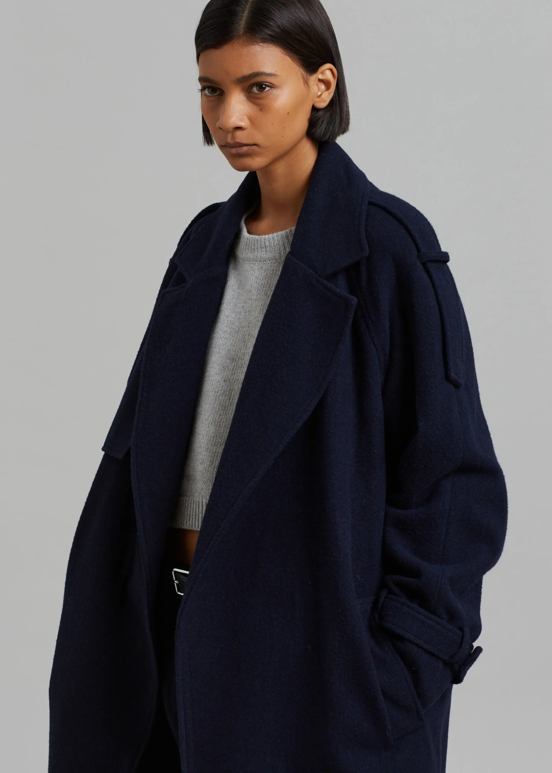 The Frankie Shop Suzanne Wool Trench Coat Navy