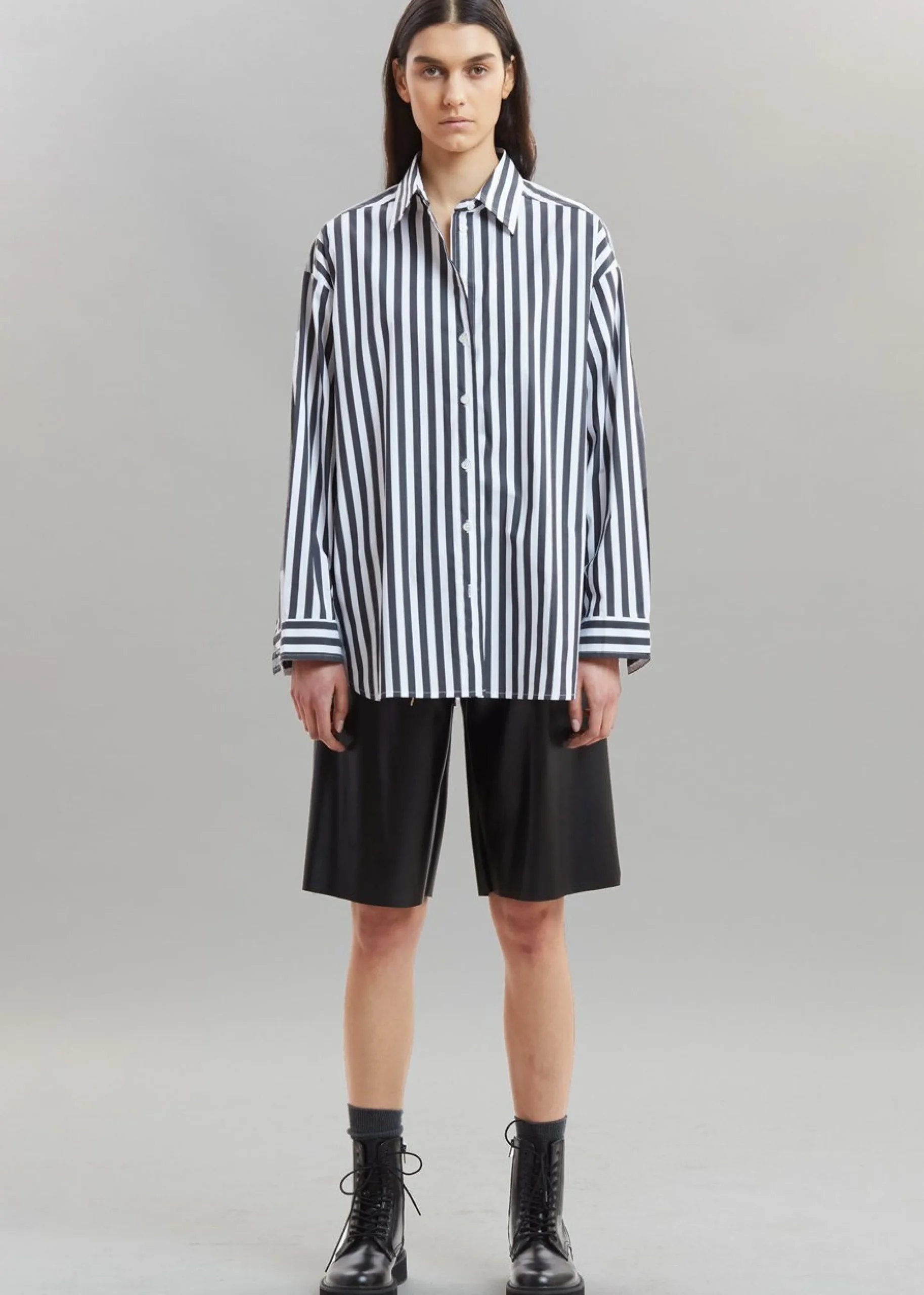 The Frankie Shop Sylvia Striped Oxford Shirt Faded Black/White New
