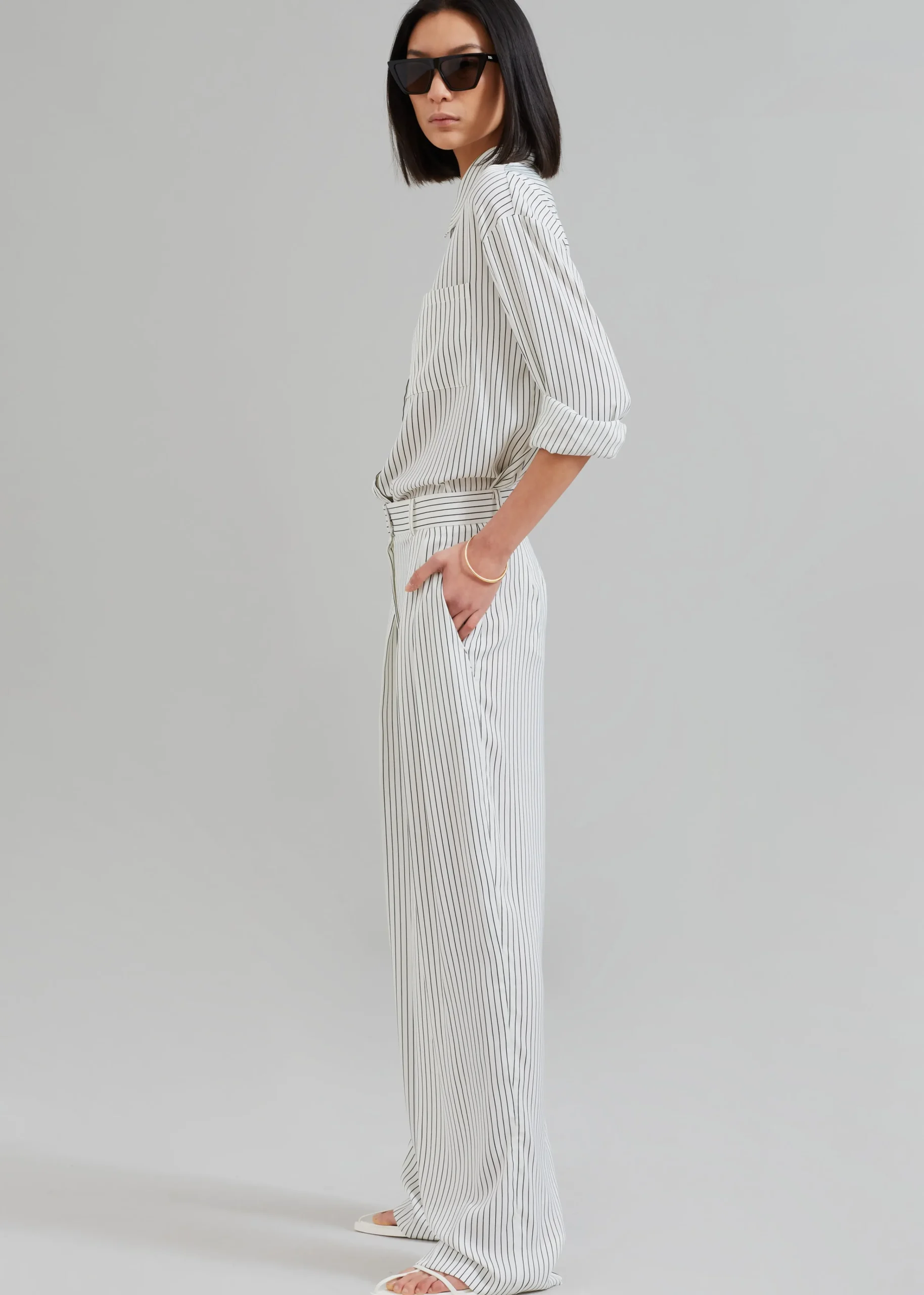 The Frankie Shop Tansy Satin Pants White Pinstripe Clearance