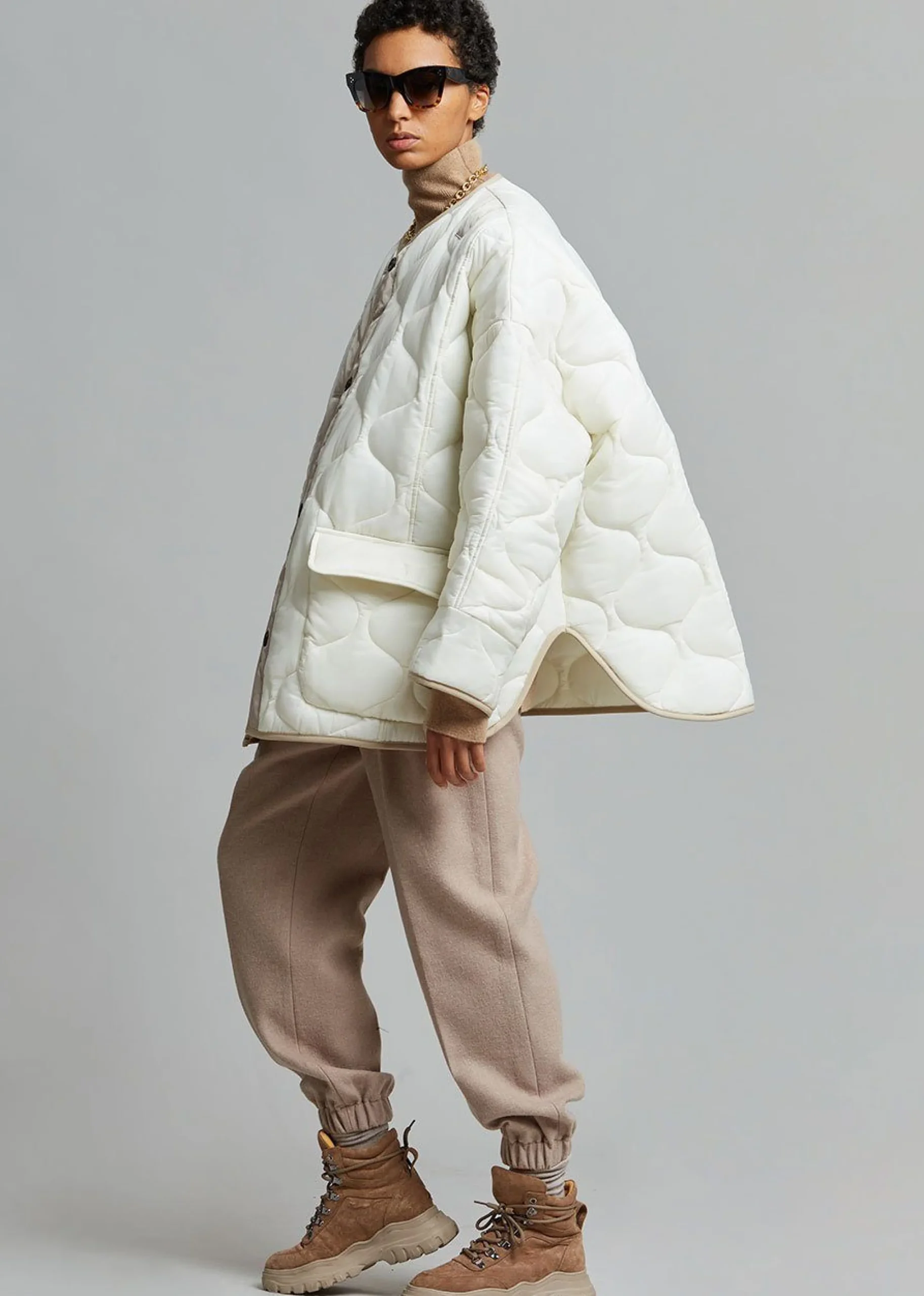 The Frankie Shop Teddy Quilted Jacket Ivory/Clay Discount