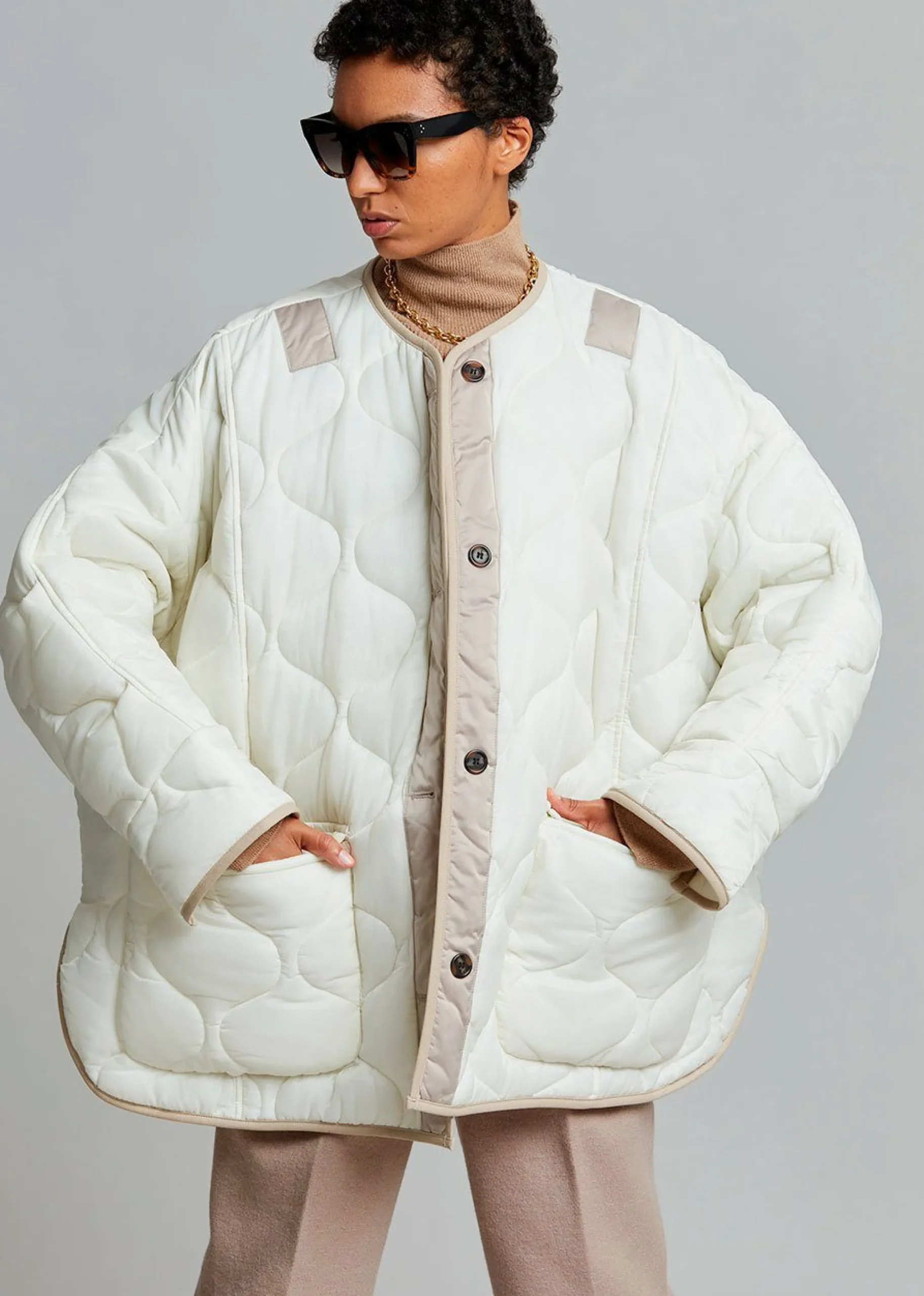 The Frankie Shop Teddy Quilted Jacket Ivory/Clay Discount