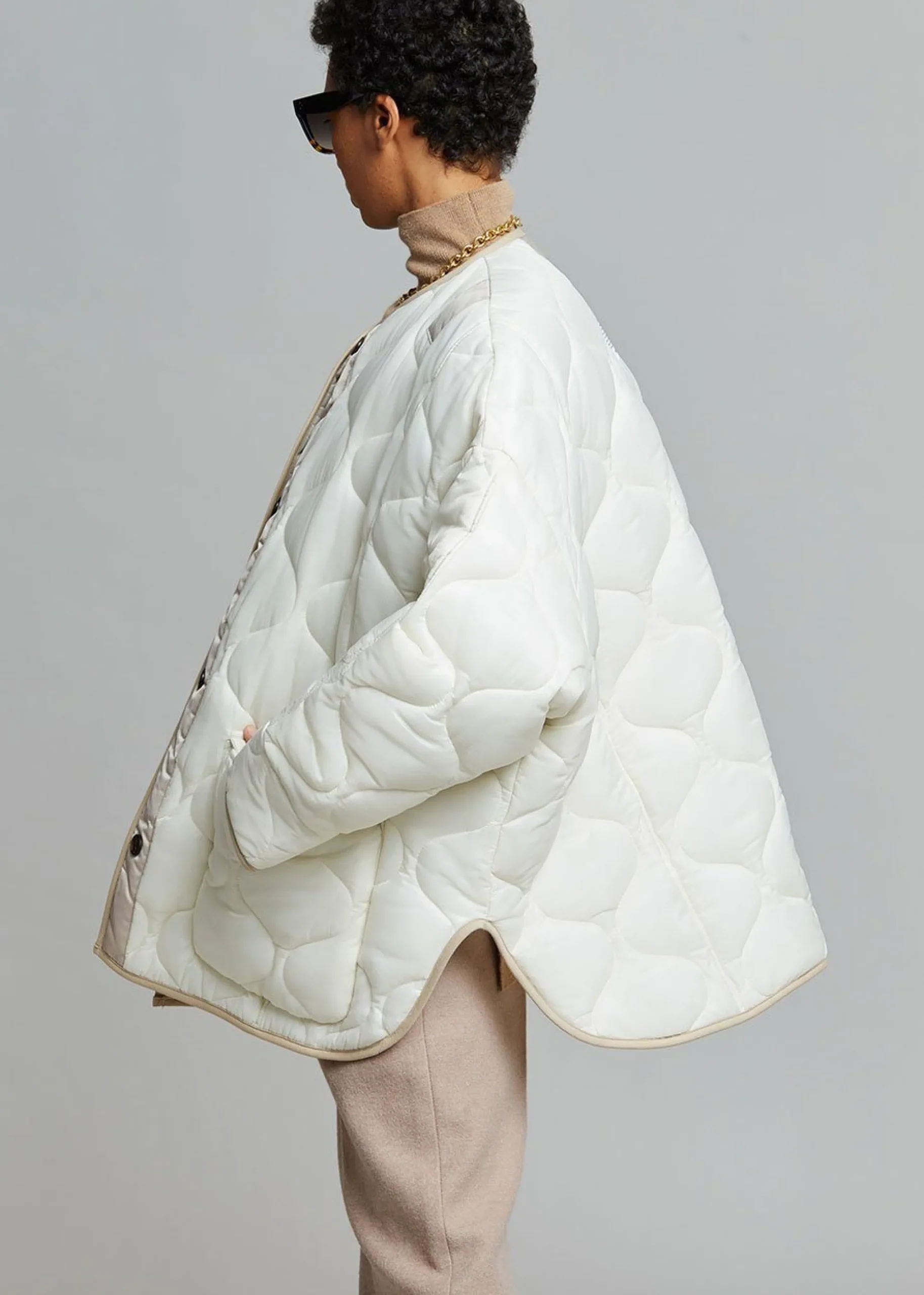 The Frankie Shop Teddy Quilted Jacket Ivory/Clay Discount